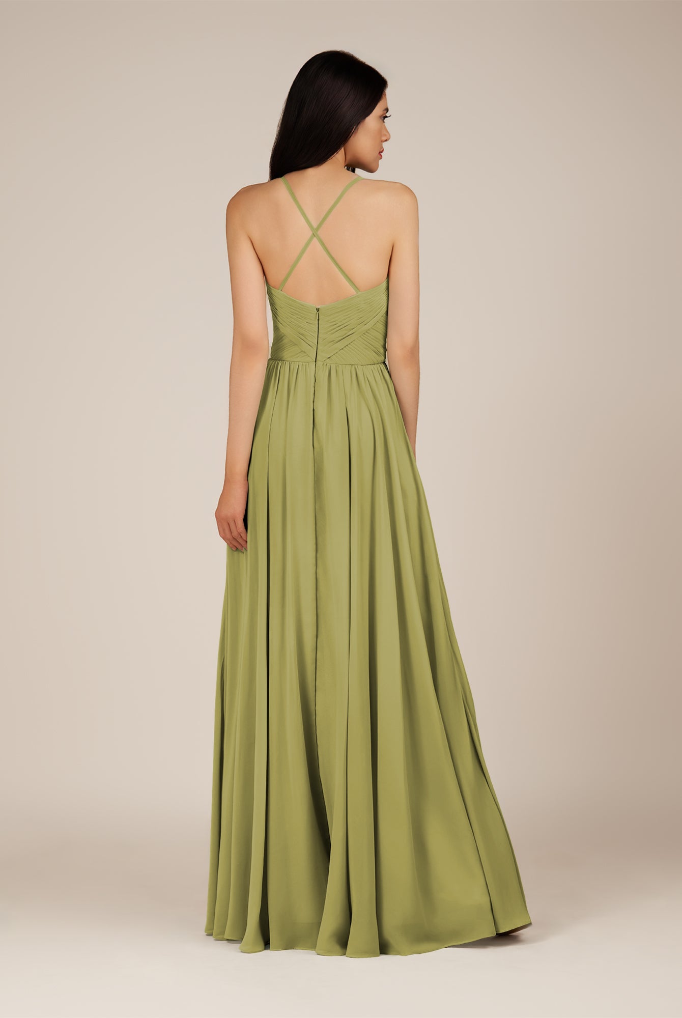 KissDress-Nolana Moss Green A Line V Neck Chiffon Pleated Long Bridesmaid Dress