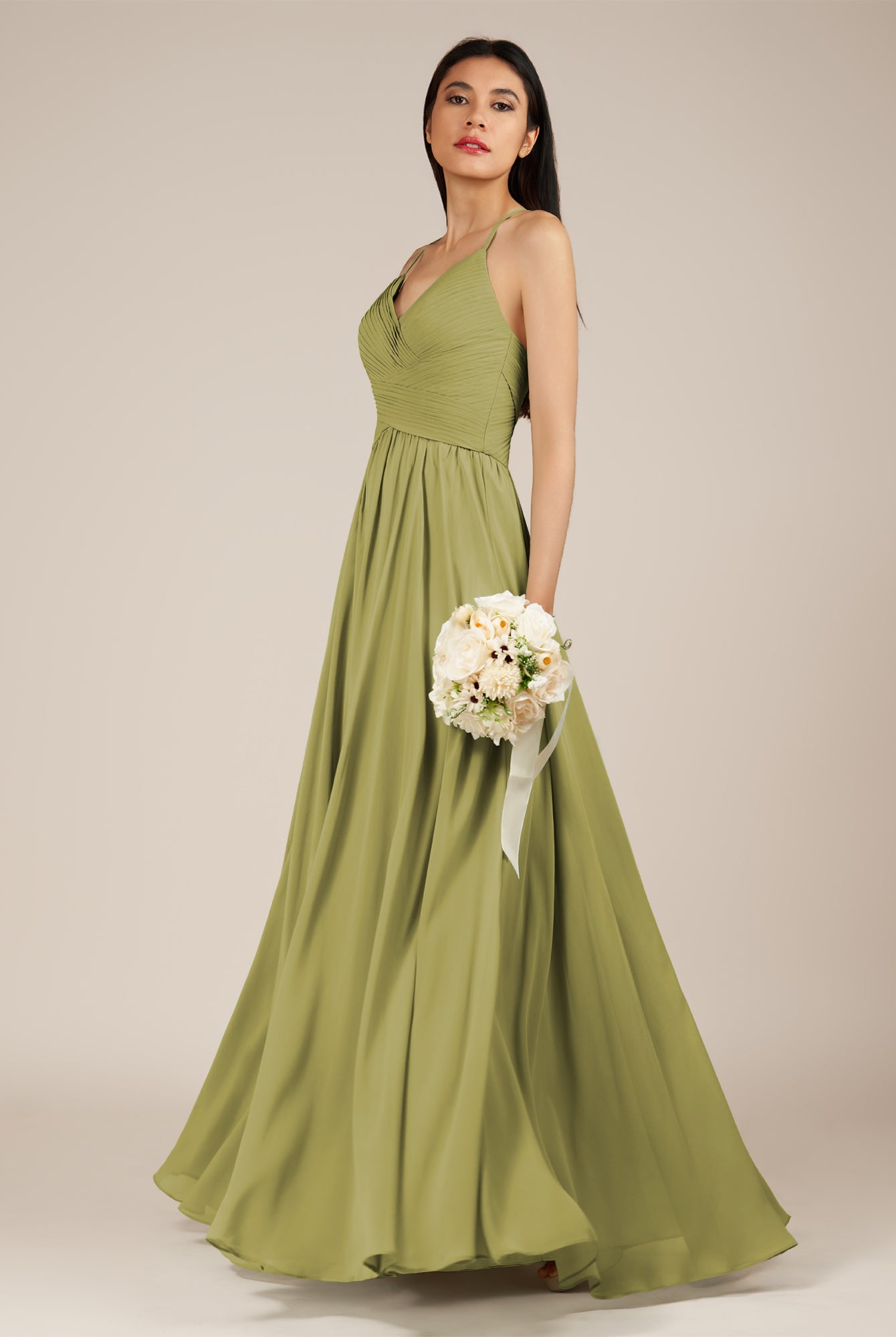 KissDress-Nolana Moss Green A Line V Neck Chiffon Pleated Long Bridesmaid Dress