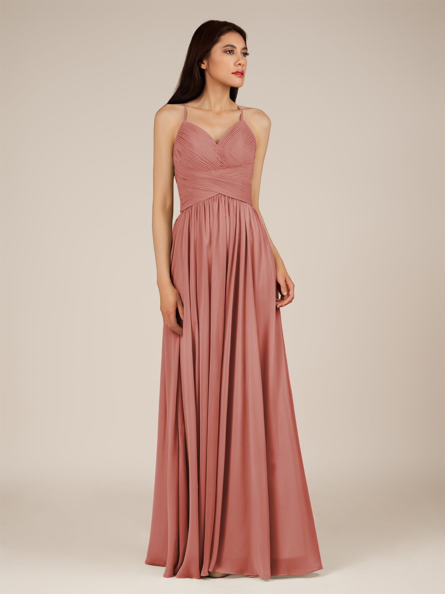 KissDress-Nolana Mulberry A Line V Neck Chiffon Pleated Long Bridesmaid Dress