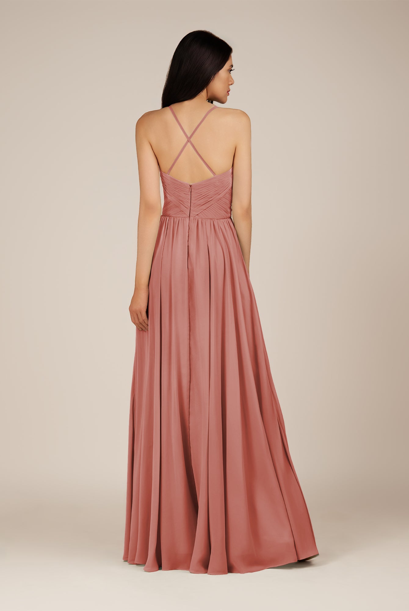 KissDress-Nolana Mulberry A Line V Neck Chiffon Pleated Long Bridesmaid Dress