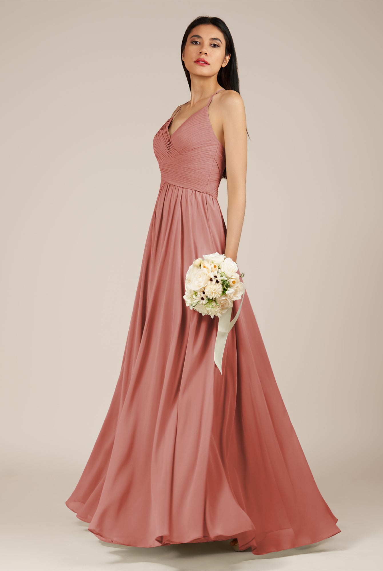 KissDress-Nolana Mulberry A Line V Neck Chiffon Pleated Long Bridesmaid Dress