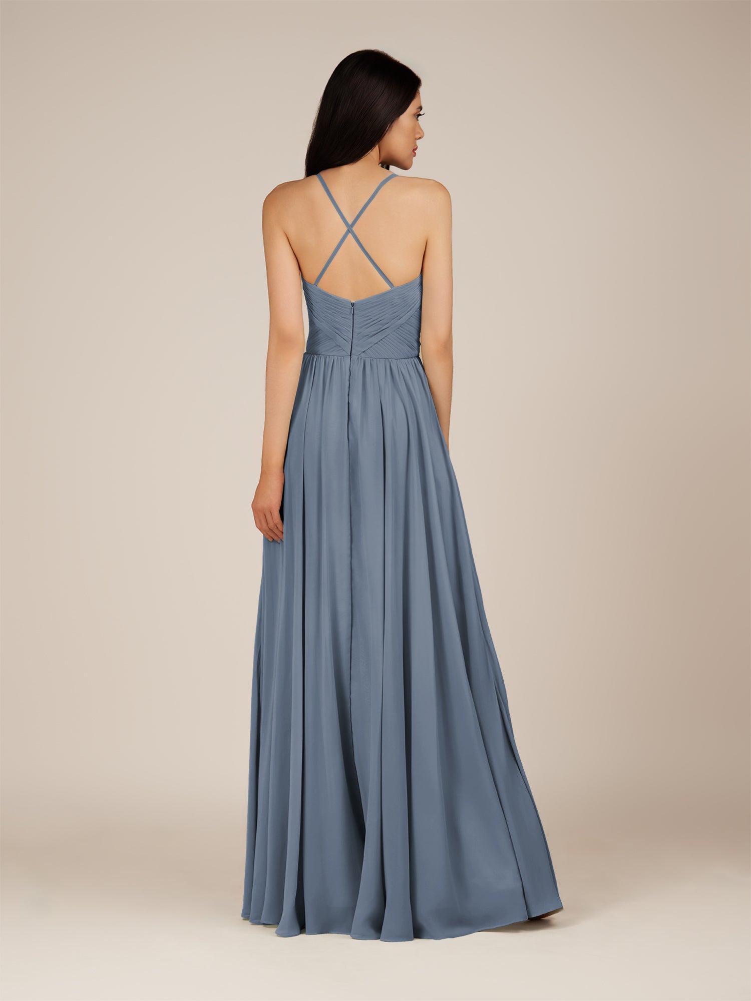 KissDress-Nolana Neptune A Line V Neck Chiffon Pleated Long Bridesmaid Dress