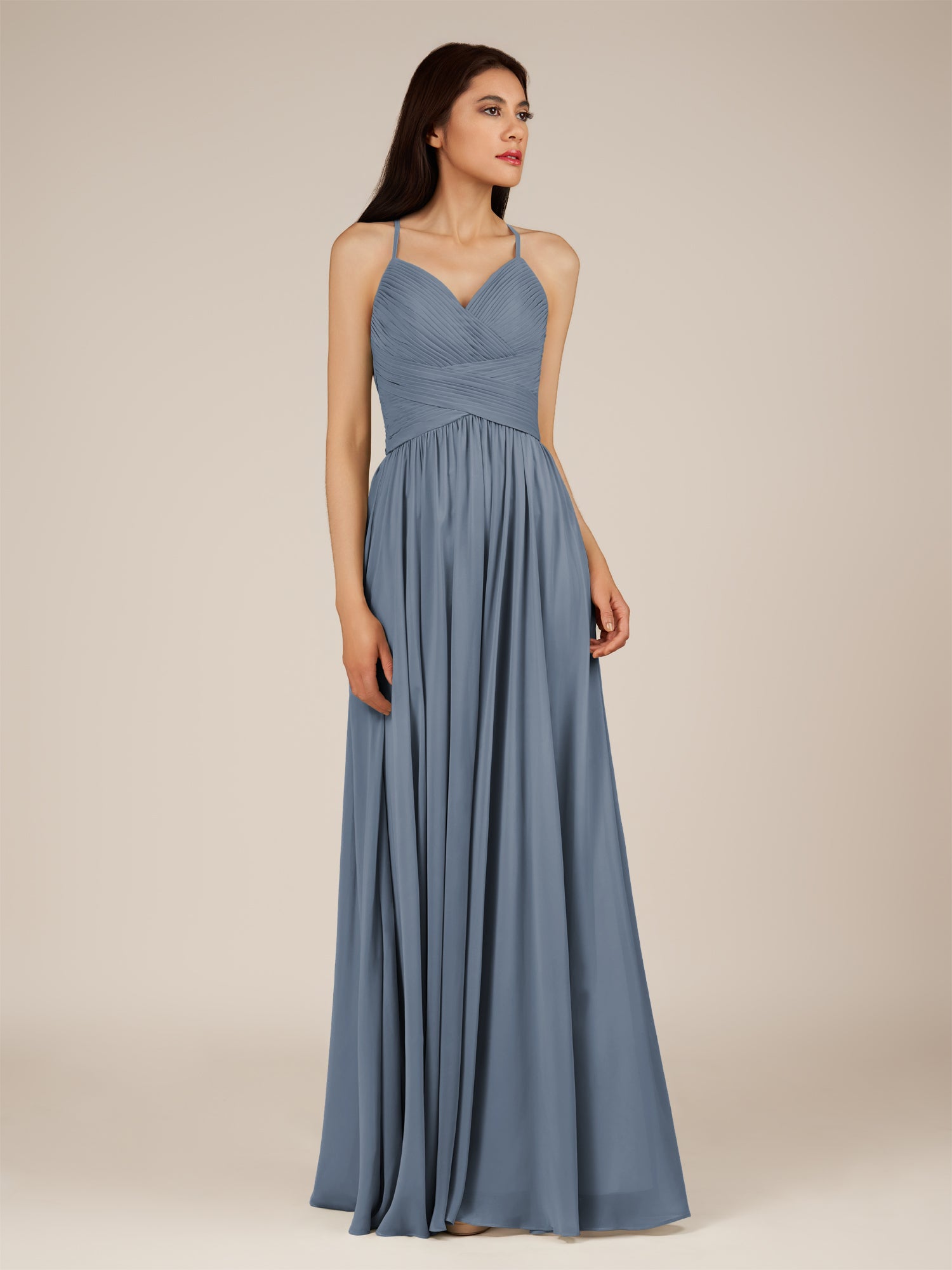 KissDress-Nolana Neptune A Line V Neck Chiffon Pleated Long Bridesmaid Dress