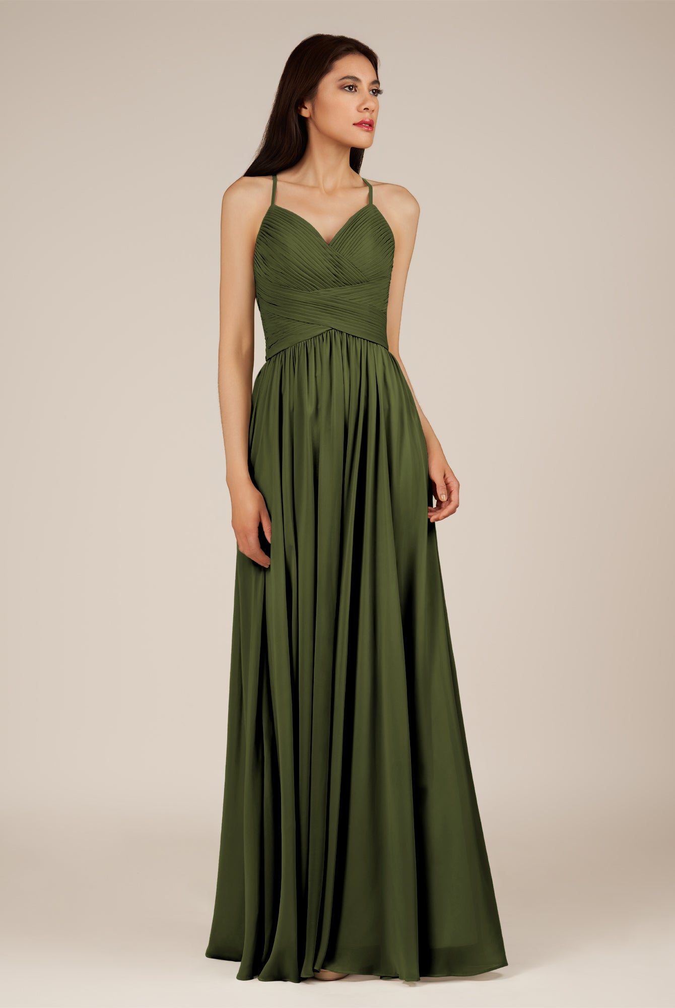 KissDress-Nolana Olive A Line V Neck Chiffon Pleated Long Bridesmaid Dress