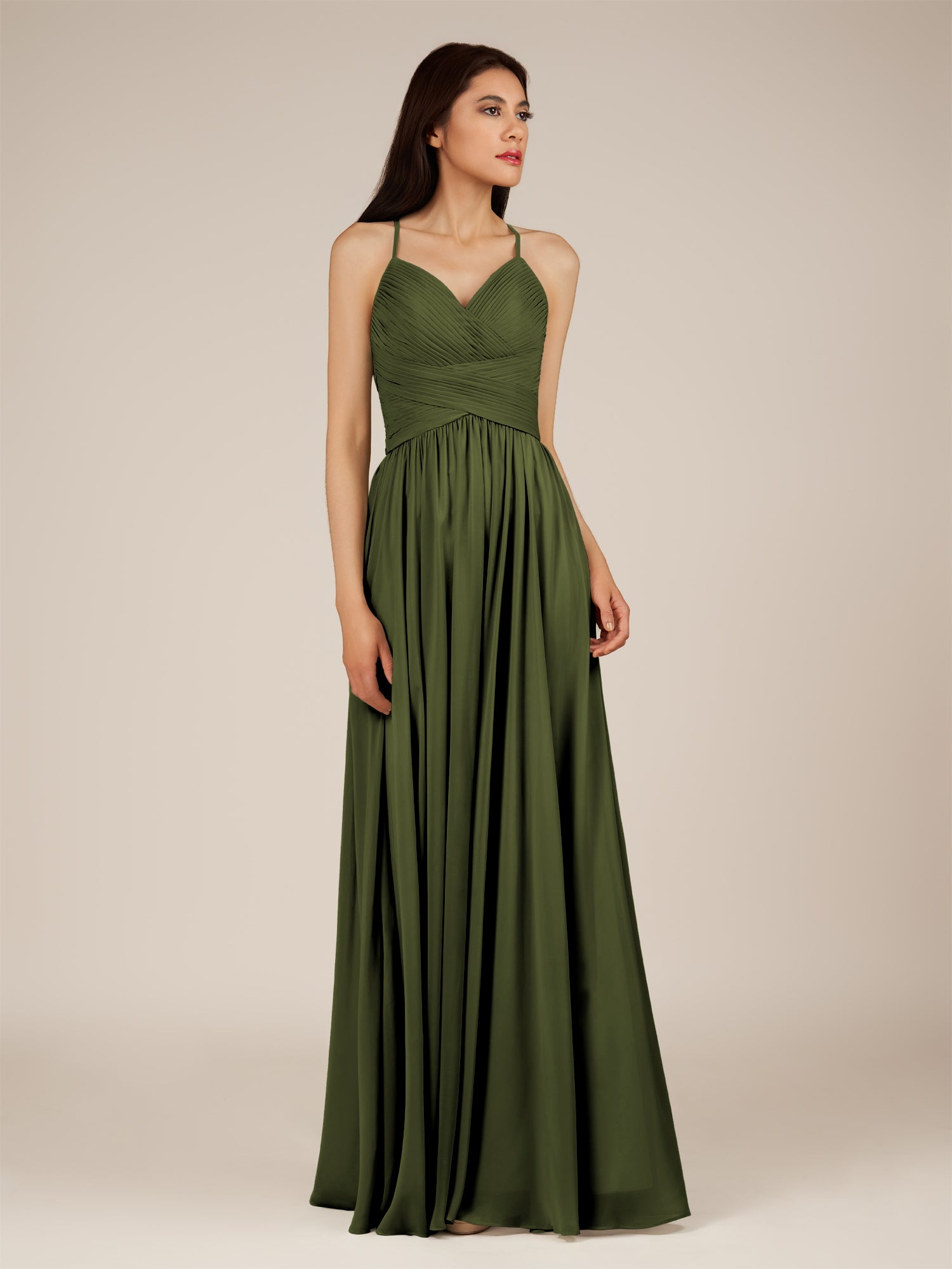 KissDress-Nolana Olive A Line V Neck Chiffon Pleated Long Bridesmaid Dress