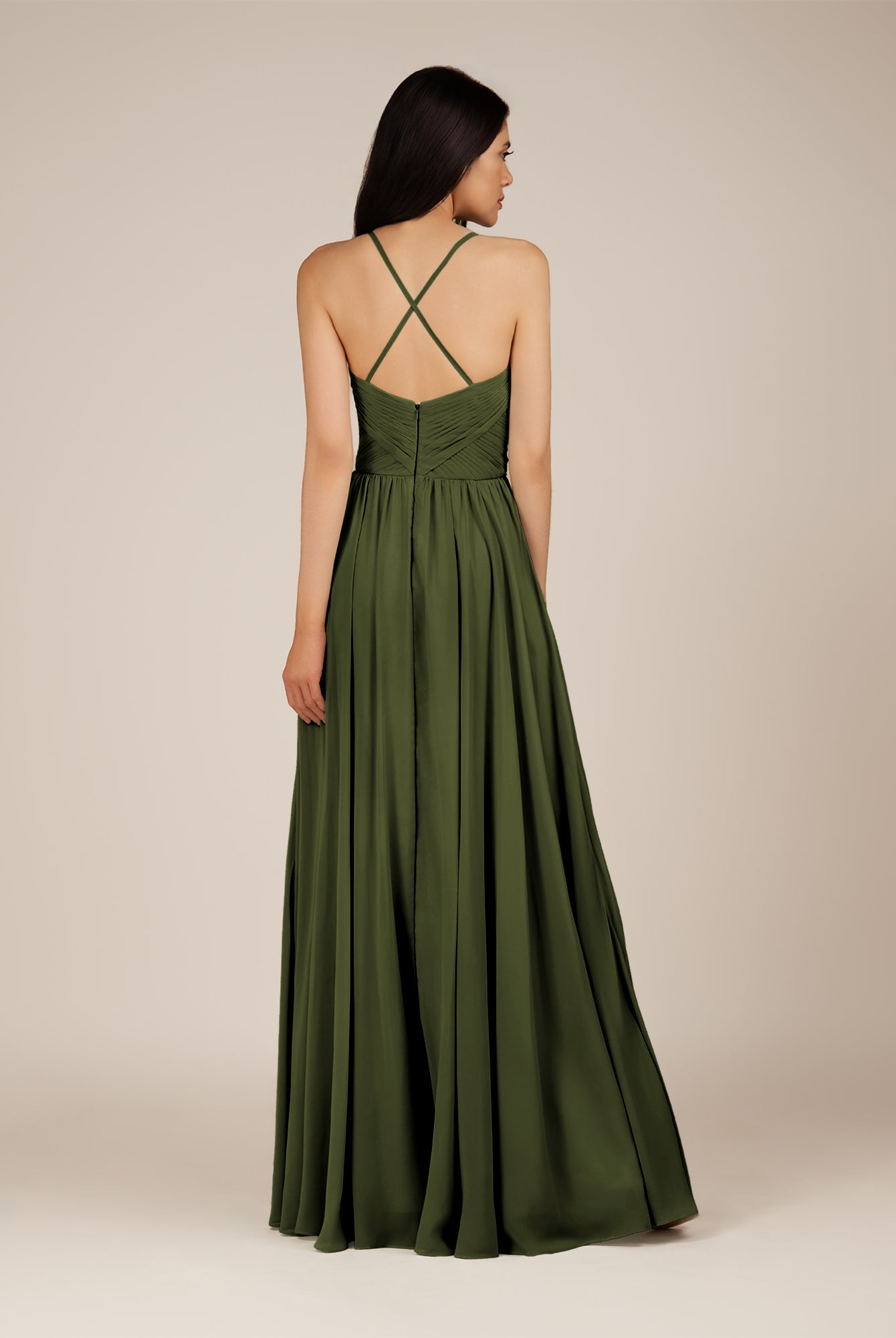 KissDress-Nolana Olive A Line V Neck Chiffon Pleated Long Bridesmaid Dress