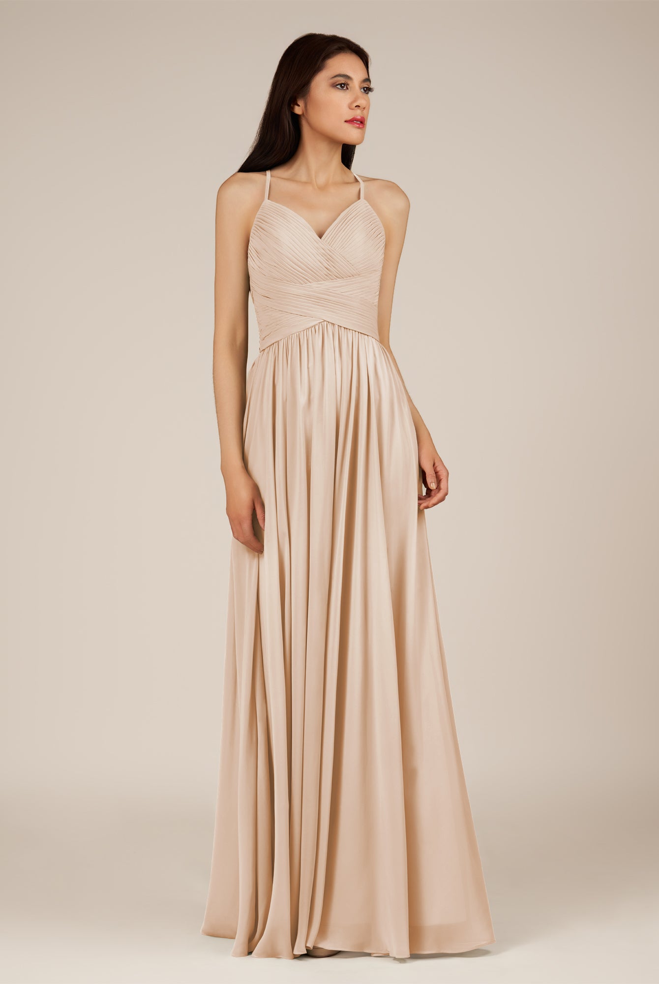 KissDress-Nolana Pale Blush A Line V Neck Chiffon Pleated Long Bridesmaid Dress