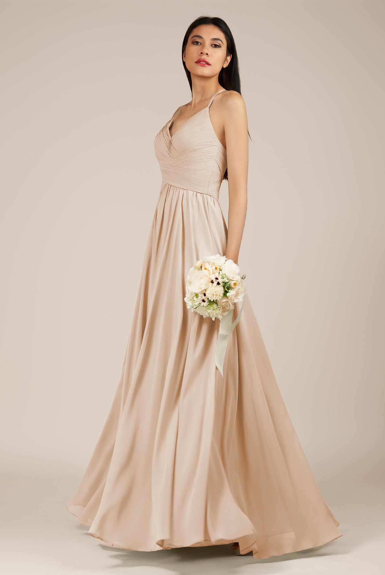 KissDress-Nolana Pale Blush A Line V Neck Chiffon Pleated Long Bridesmaid Dress