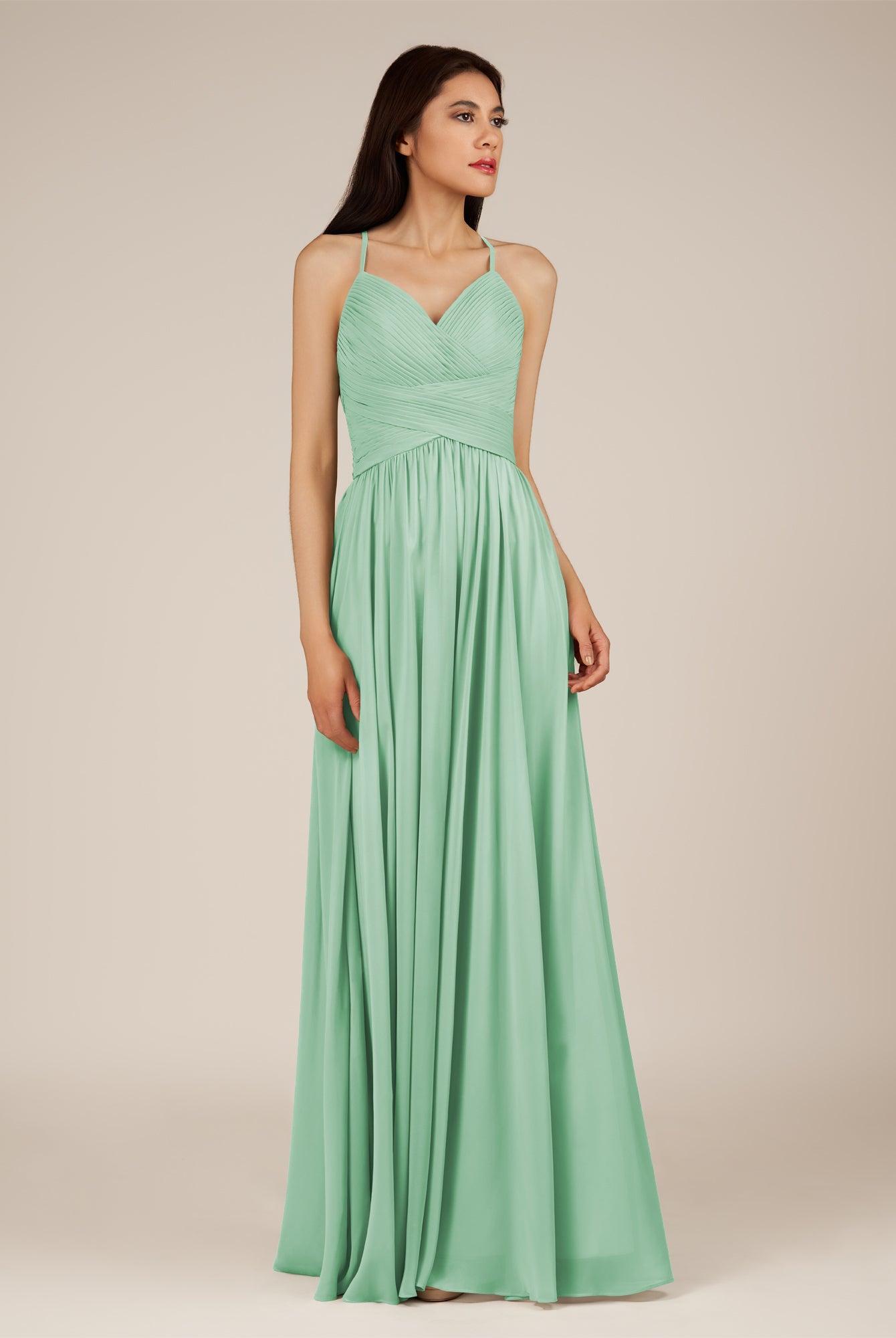 KissDress-Nolana Pale Pistachio A Line V Neck Chiffon Pleated Long Bridesmaid Dress