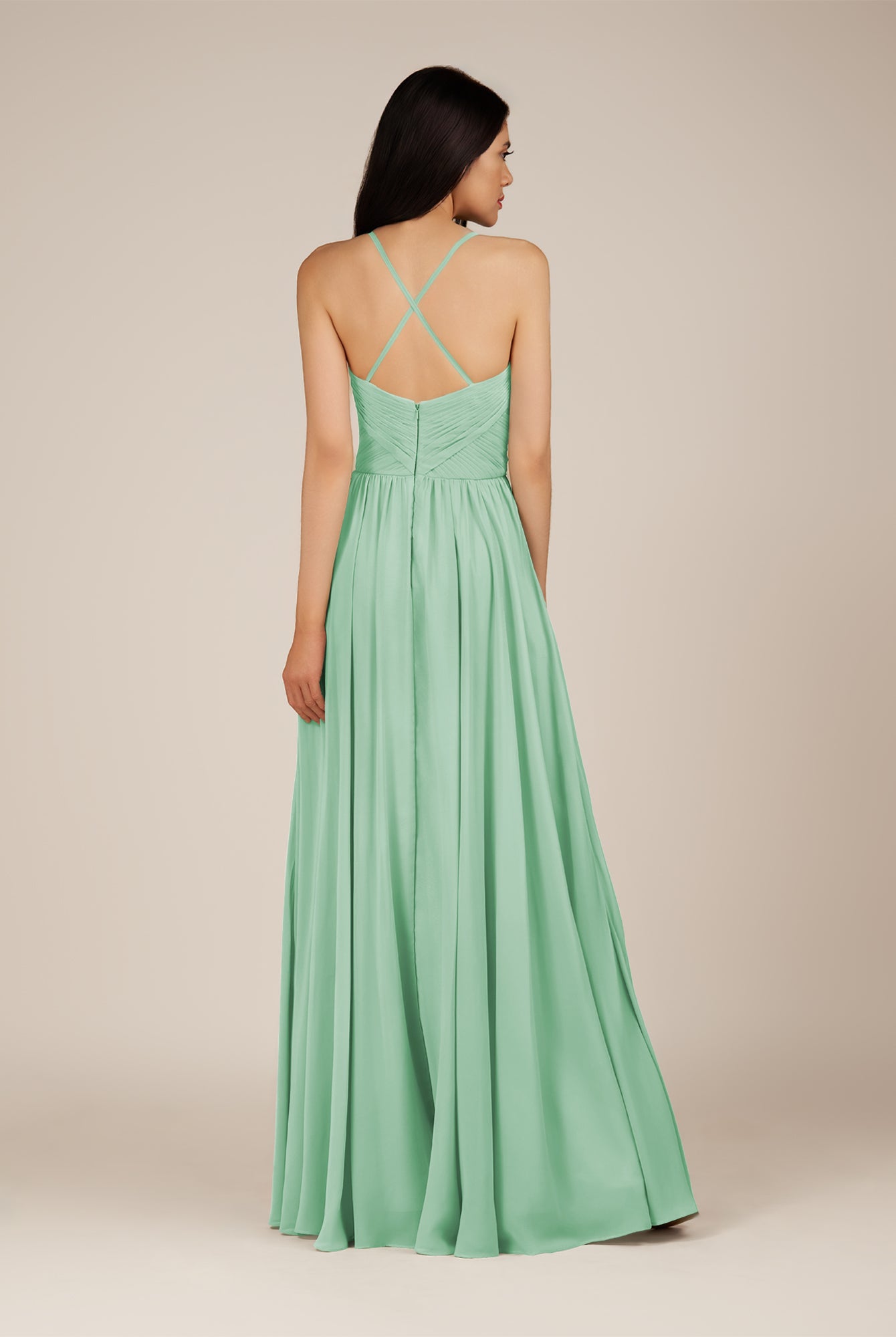 KissDress-Nolana Pale Pistachio A Line V Neck Chiffon Pleated Long Bridesmaid Dress