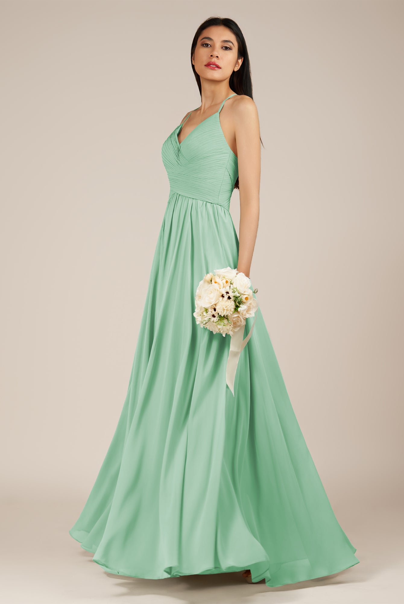 KissDress-Nolana Pale Pistachio A Line V Neck Chiffon Pleated Long Bridesmaid Dress