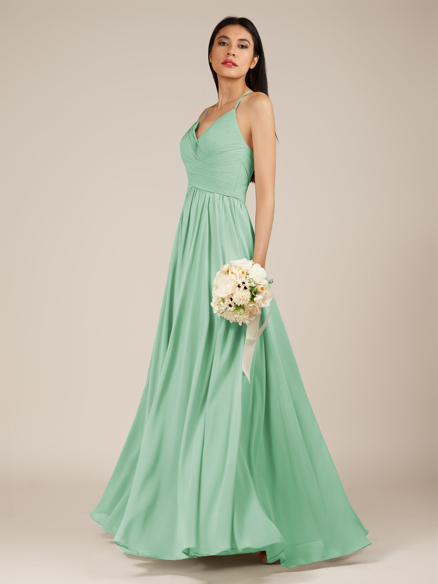 KissDress-Nolana Pale Pistachio A Line V Neck Chiffon Pleated Long Bridesmaid Dress