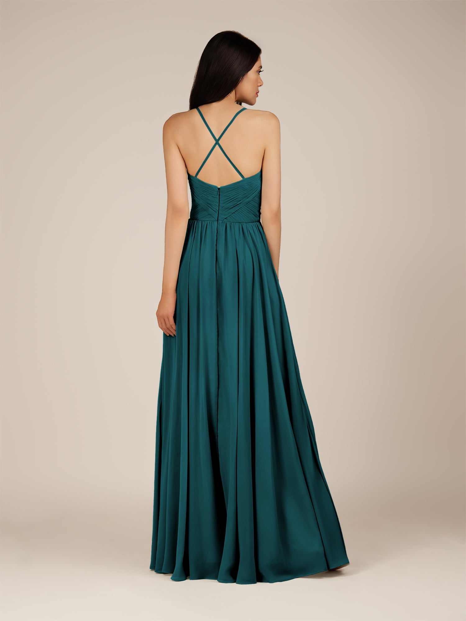 KissDress-Nolana Pine A Line V Neck Chiffon Pleated Long Bridesmaid Dress