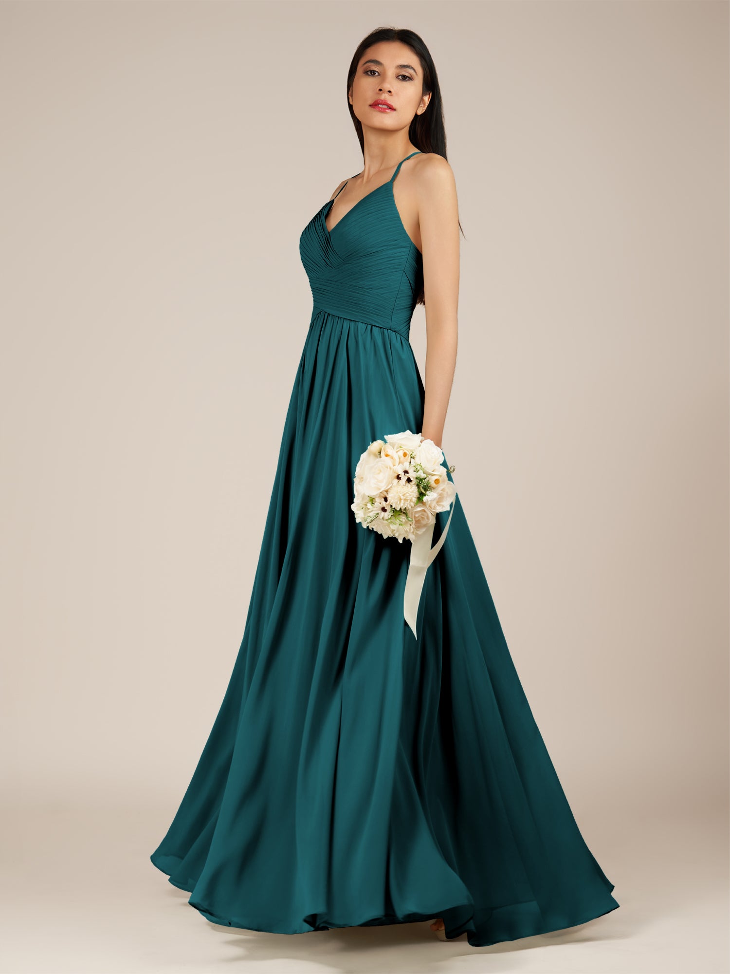 KissDress-Nolana Pine A Line V Neck Chiffon Pleated Long Bridesmaid Dress