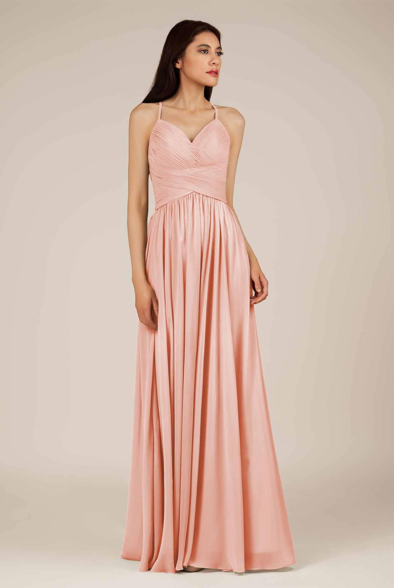 KissDress-Nolana Rose Petal A Line V Neck Chiffon Pleated Long Bridesmaid Dress