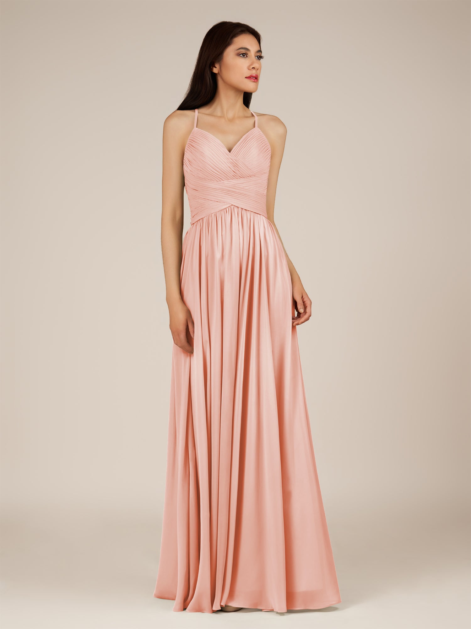 KissDress-Nolana Rose Petal A Line V Neck Chiffon Pleated Long Bridesmaid Dress