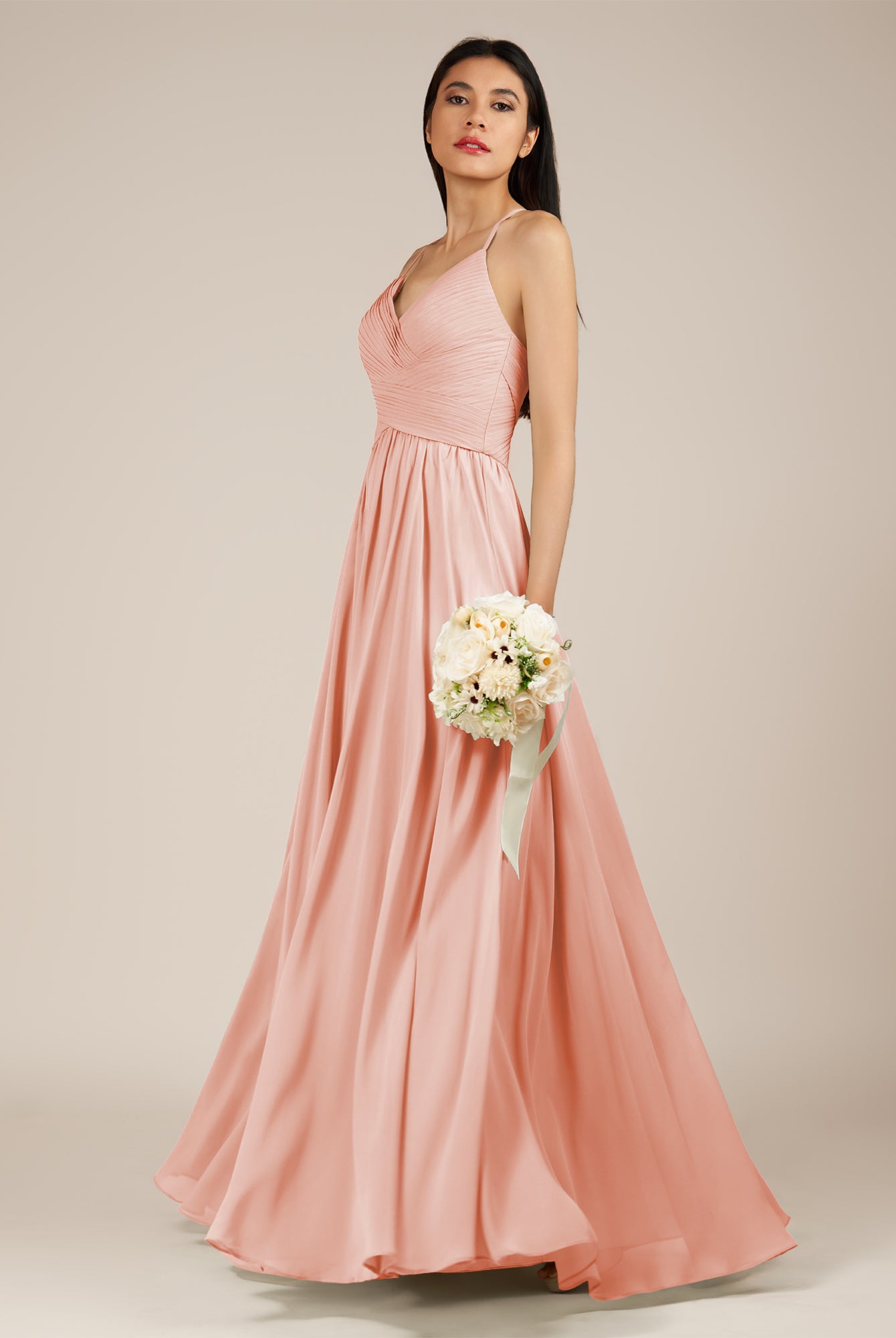 KissDress-Nolana Rose Petal A Line V Neck Chiffon Pleated Long Bridesmaid Dress