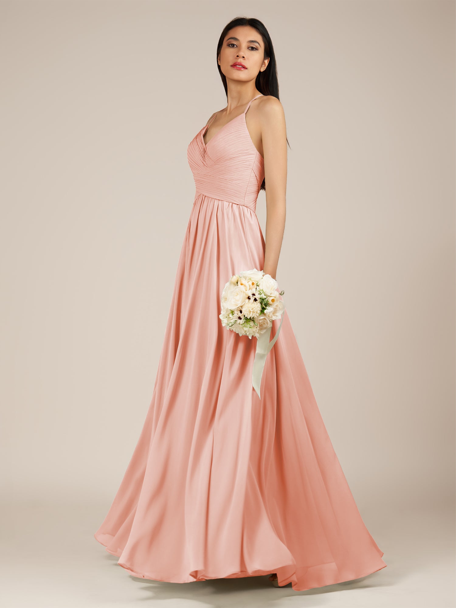 KissDress-Nolana Rose Petal A Line V Neck Chiffon Pleated Long Bridesmaid Dress