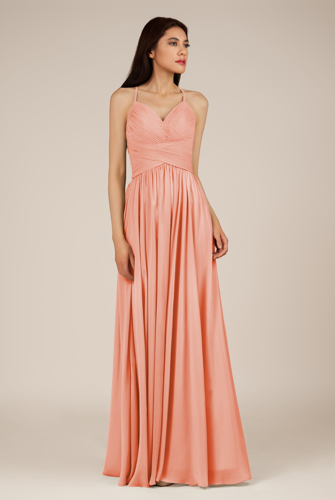 KissDress-Nolana Rosette A Line V Neck Chiffon Pleated Long Bridesmaid Dress