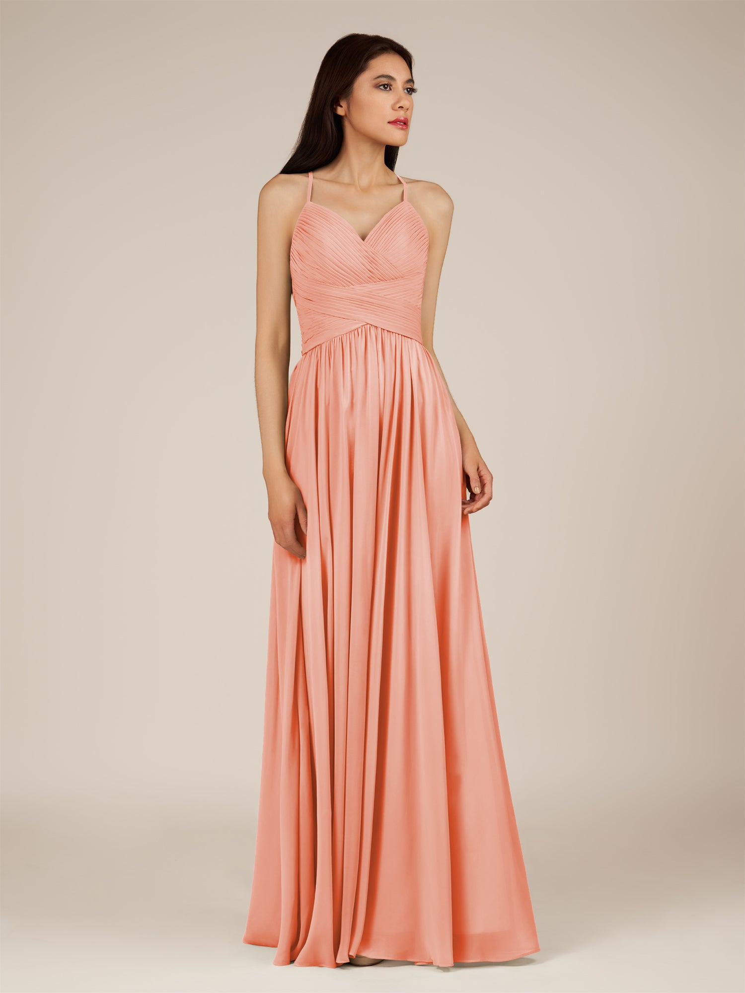 KissDress-Nolana Rosette A Line V Neck Chiffon Pleated Long Bridesmaid Dress