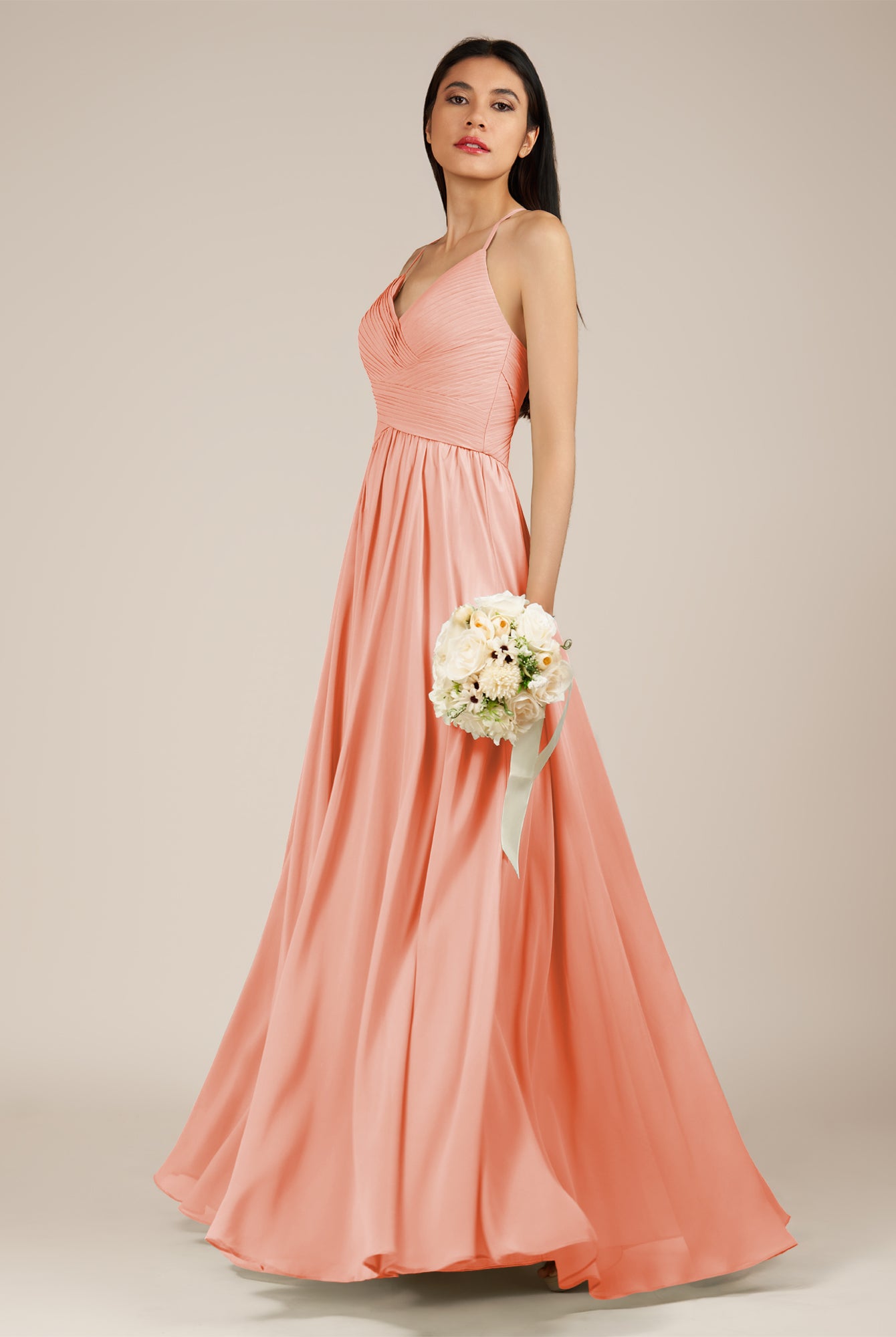 KissDress-Nolana Rosette A Line V Neck Chiffon Pleated Long Bridesmaid Dress