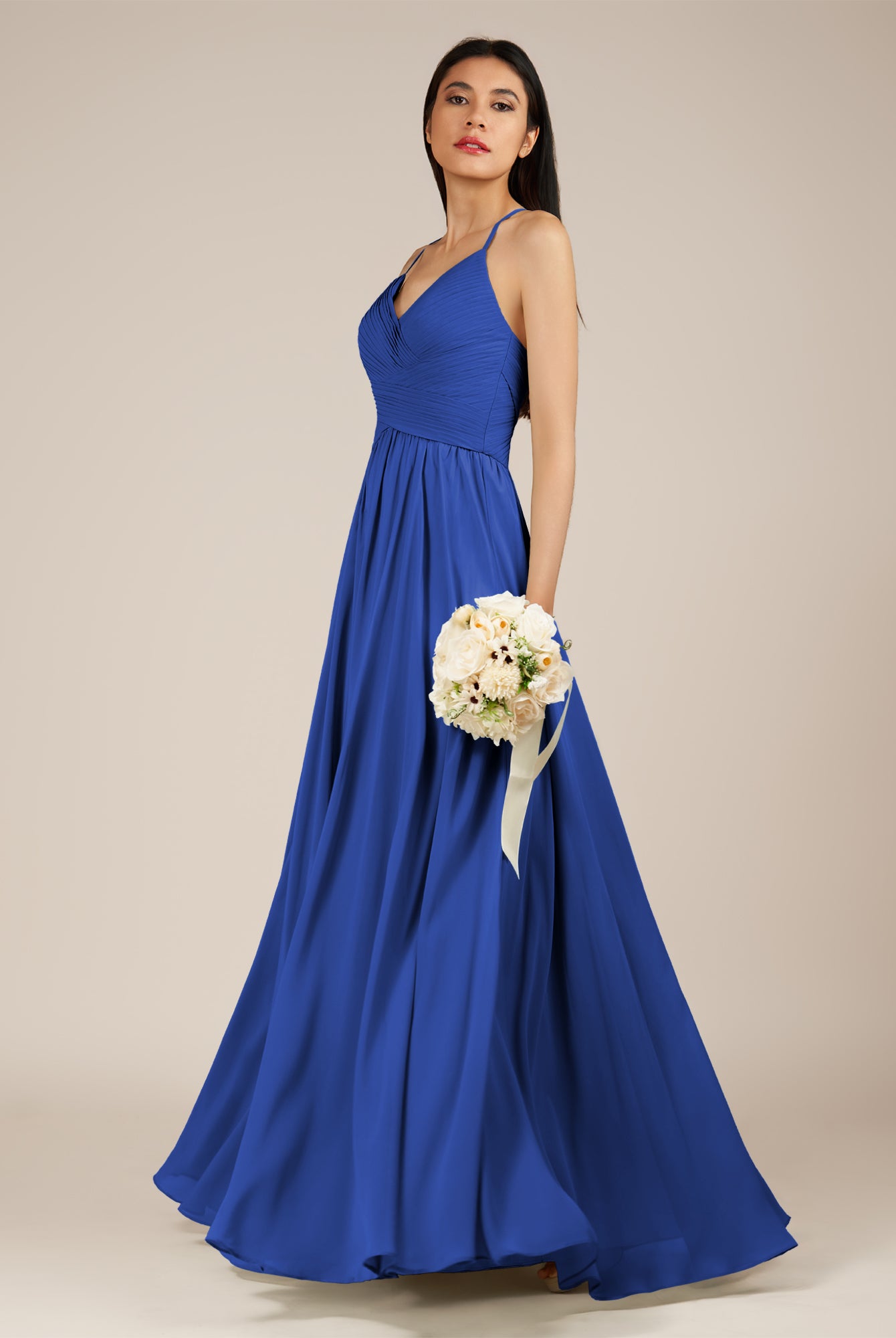 KissDress-Nolana Royal Blue A Line V Neck Chiffon Pleated Long Bridesmaid Dress