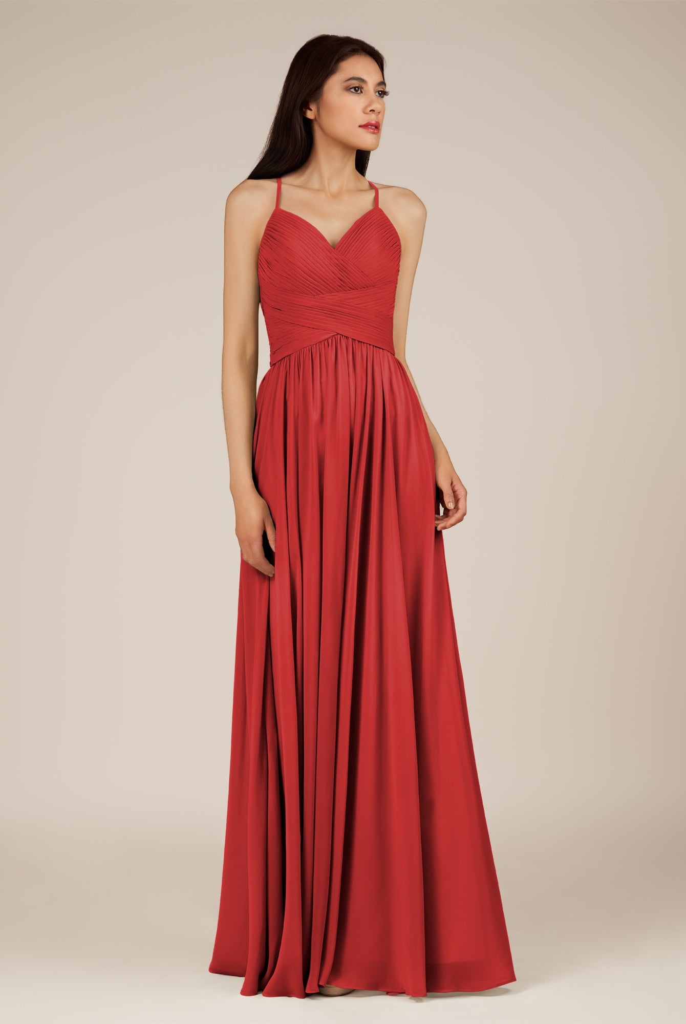 KissDress-Nolana Ruby Red A Line V Neck Chiffon Pleated Long Bridesmaid Dress
