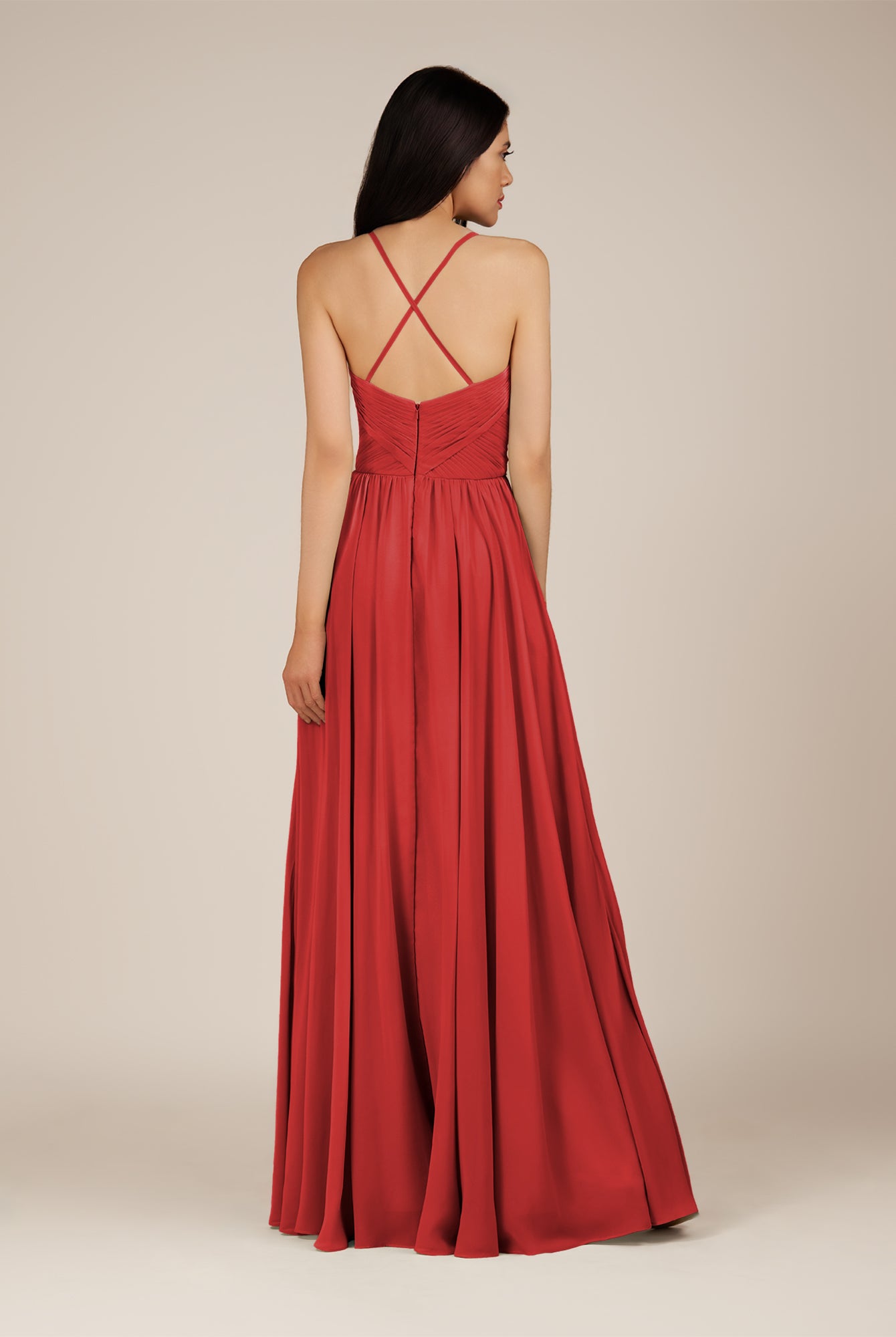 KissDress-Nolana Ruby Red A Line V Neck Chiffon Pleated Long Bridesmaid Dress