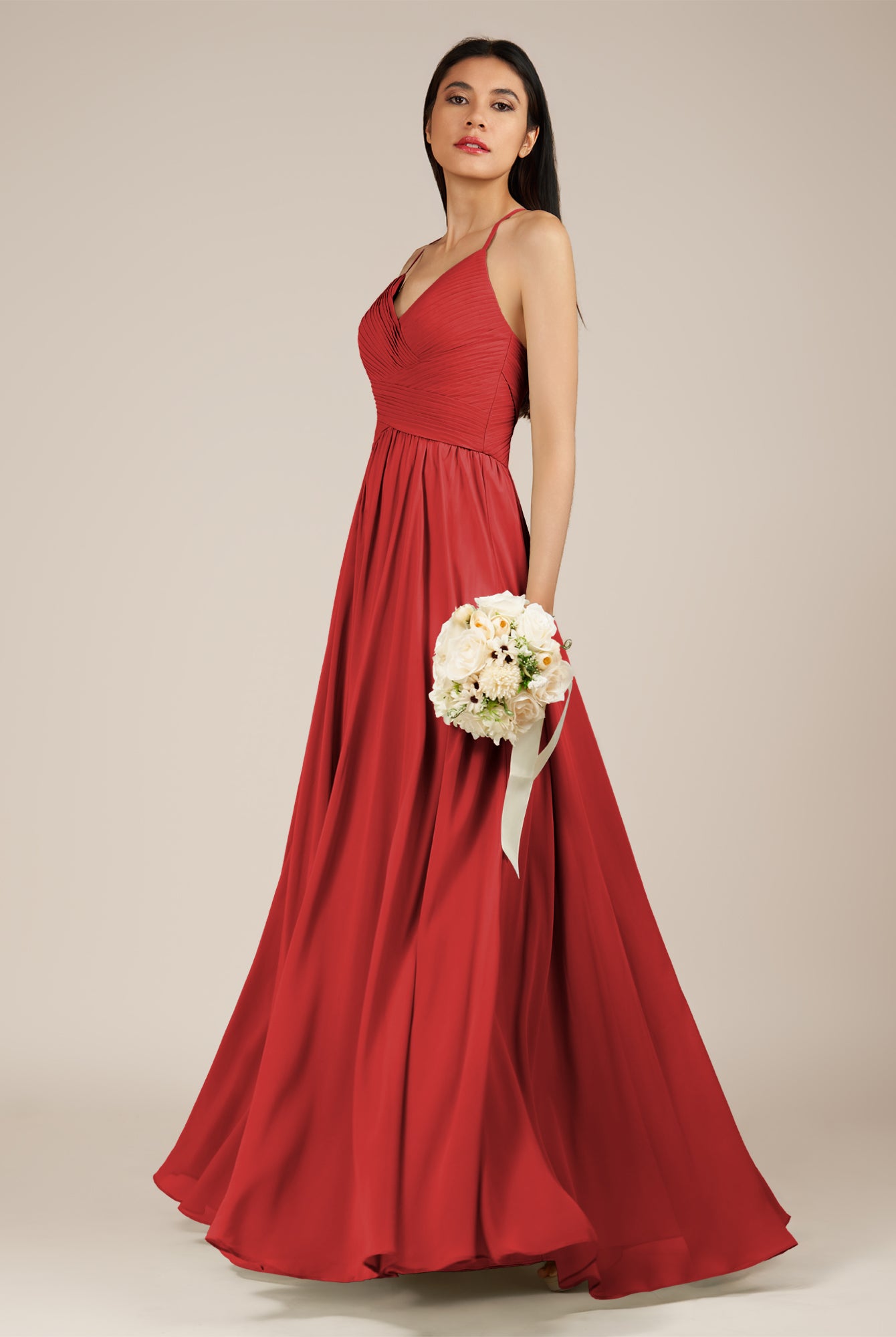 KissDress-Nolana Ruby Red A Line V Neck Chiffon Pleated Long Bridesmaid Dress