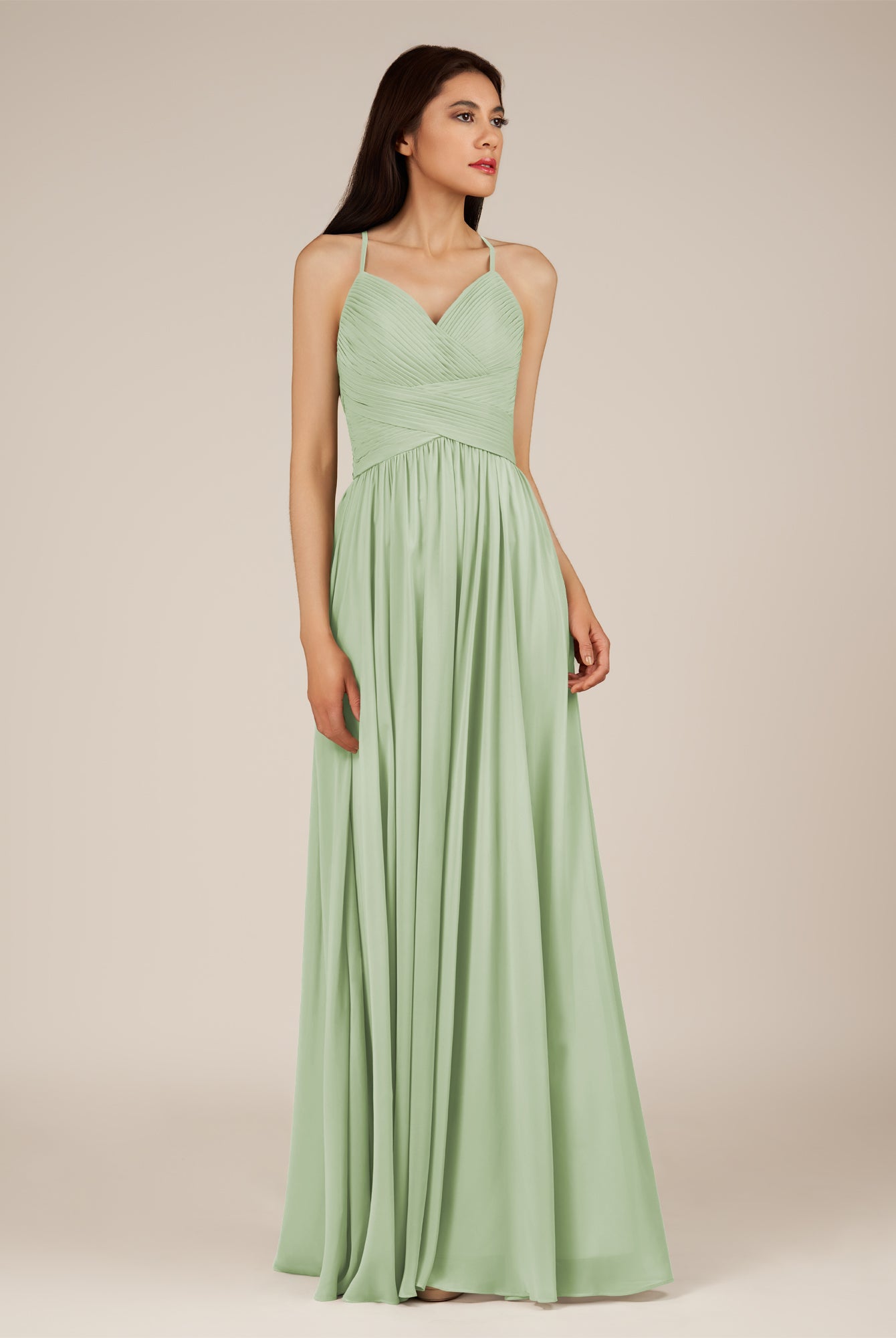 KissDress-Nolana Sage A Line V Neck Chiffon Pleated Long Bridesmaid Dress