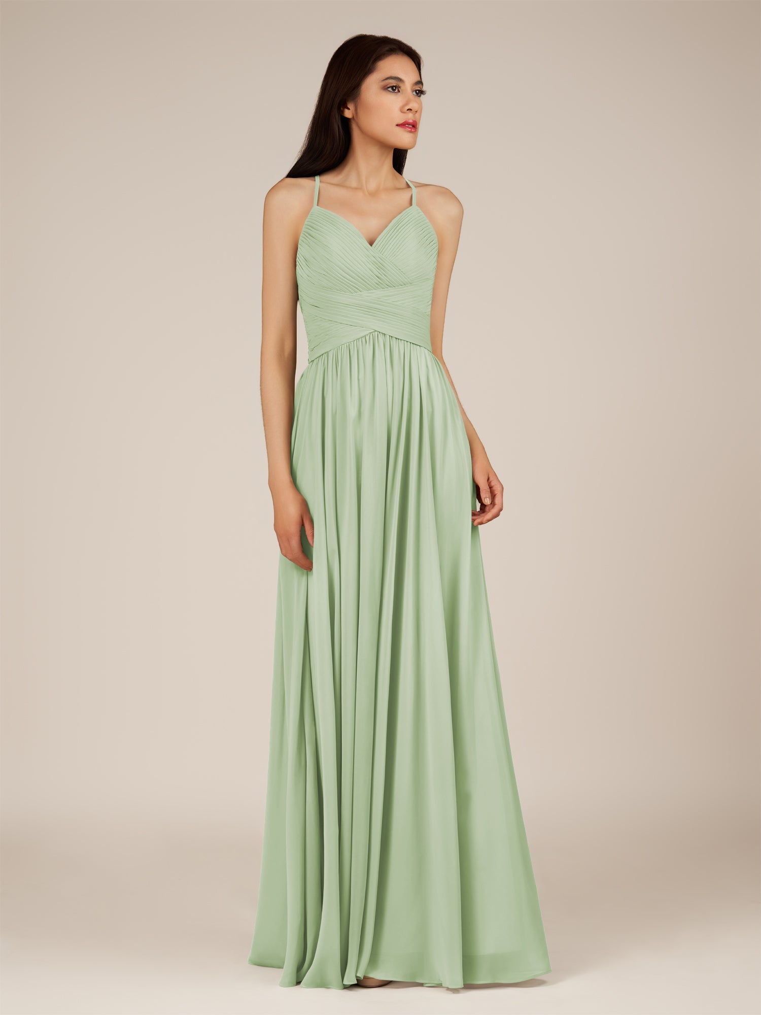 KissDress-Nolana Sage A Line V Neck Chiffon Pleated Long Bridesmaid Dress