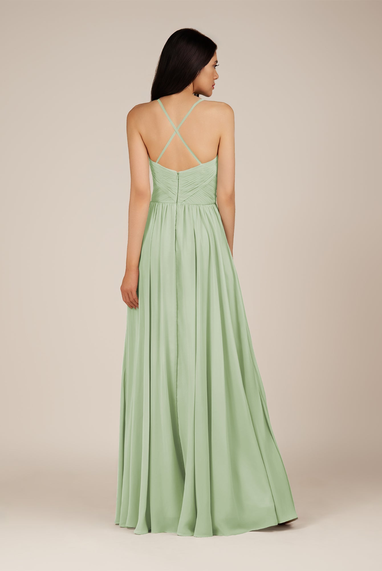KissDress-Nolana Sage A Line V Neck Chiffon Pleated Long Bridesmaid Dress