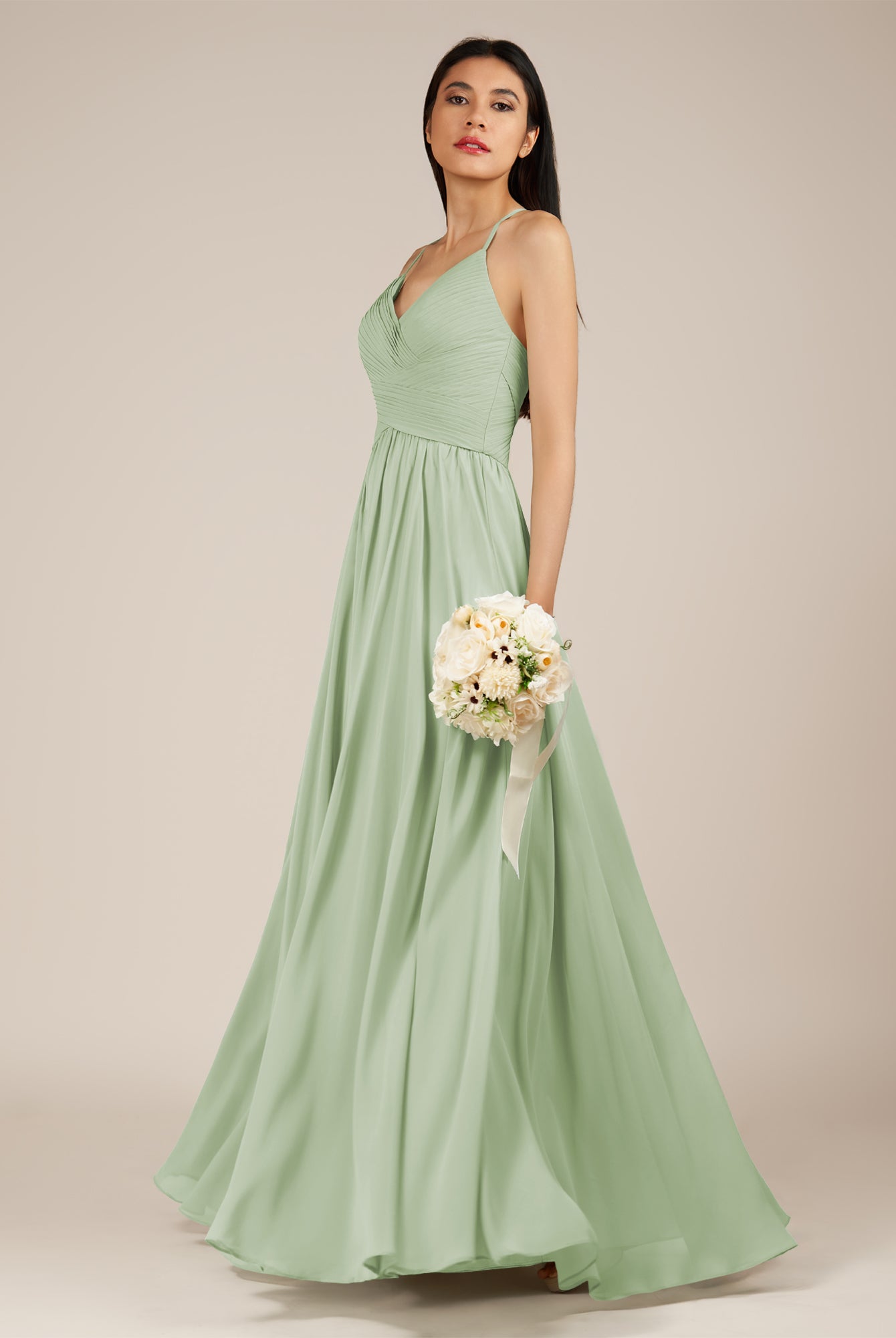 KissDress-Nolana Sage A Line V Neck Chiffon Pleated Long Bridesmaid Dress