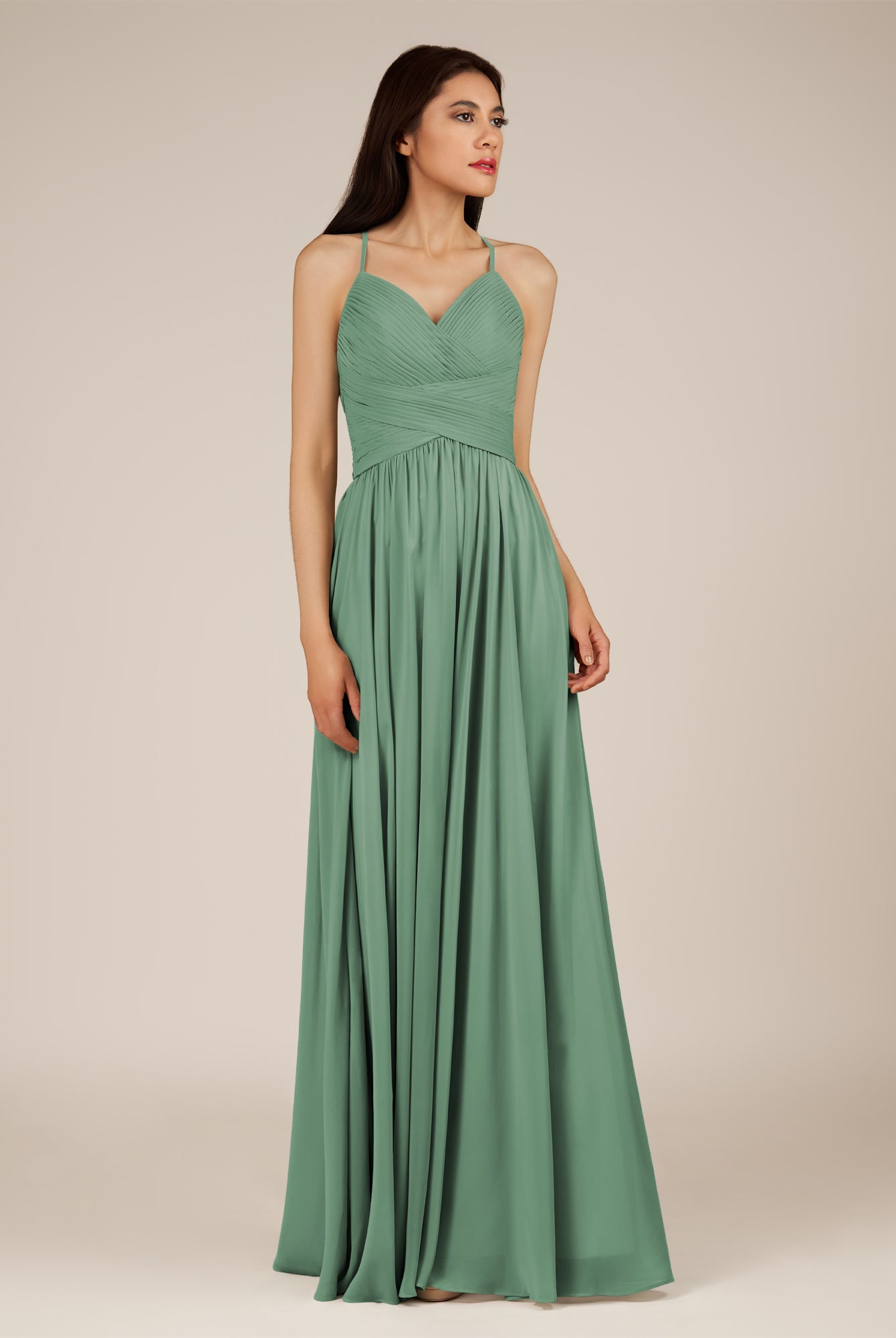 KissDress-Nolana Sea Glass A Line V Neck Chiffon Pleated Long Bridesmaid Dress