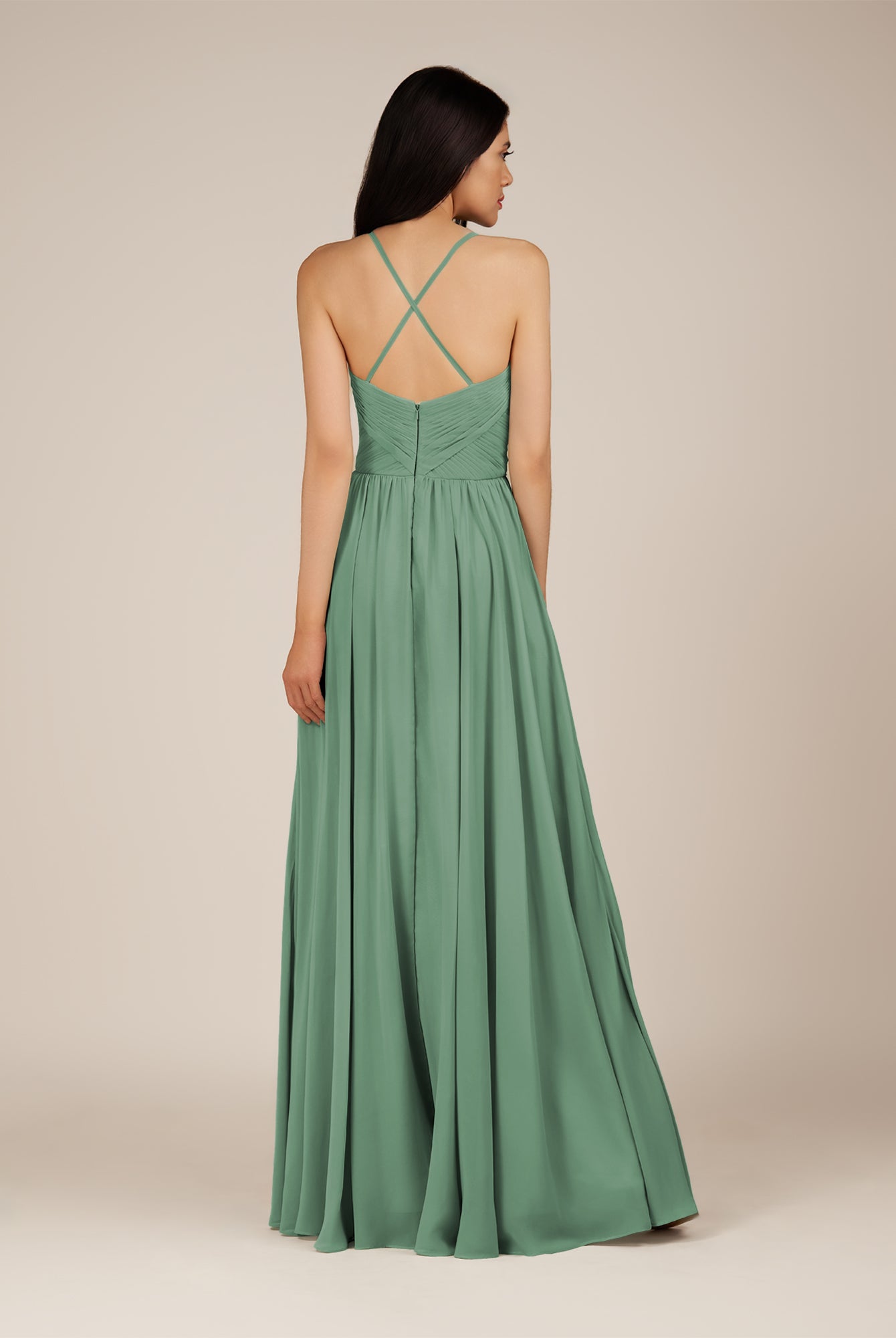 KissDress-Nolana Sea Glass A Line V Neck Chiffon Pleated Long Bridesmaid Dress