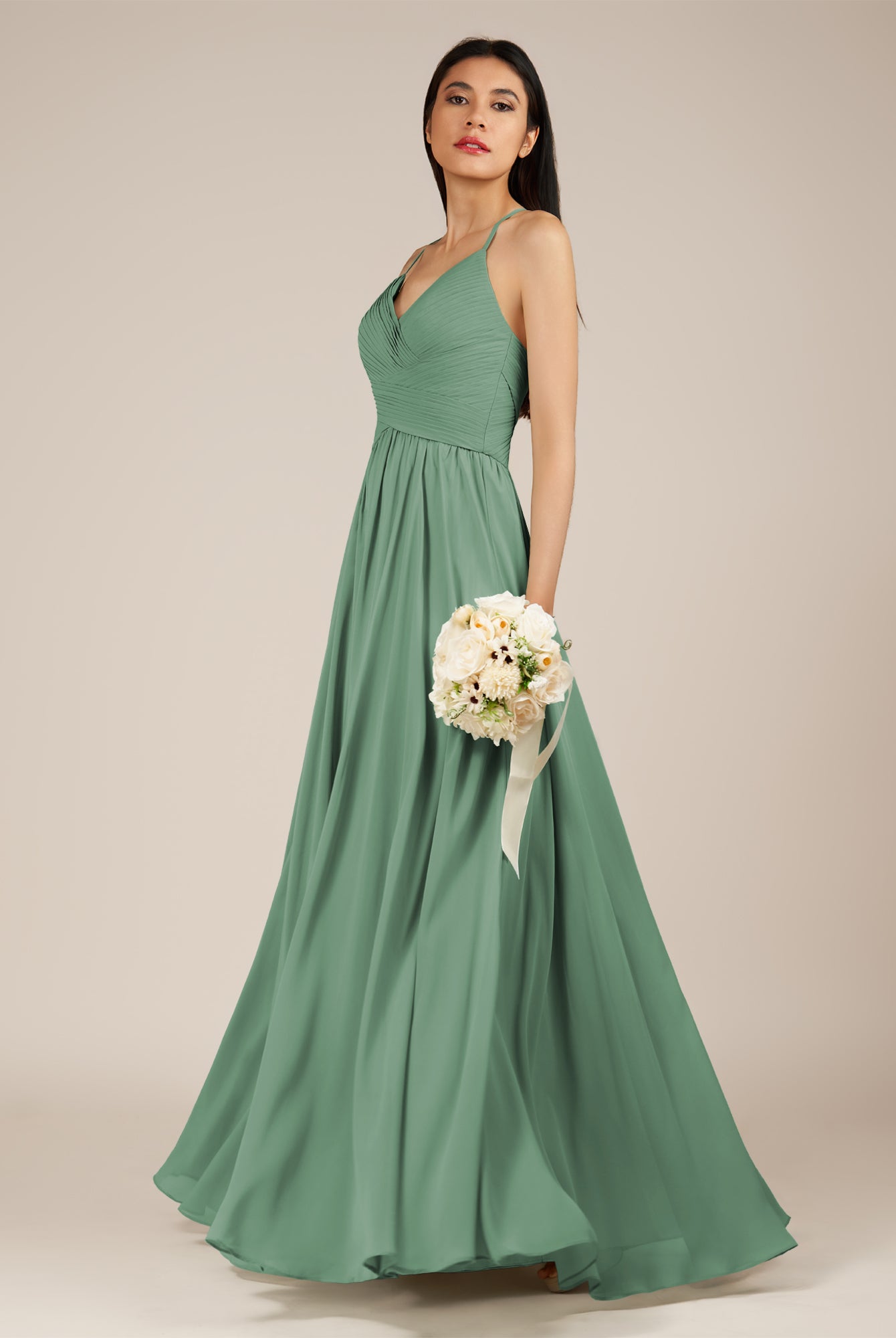 KissDress-Nolana Sea Glass A Line V Neck Chiffon Pleated Long Bridesmaid Dress