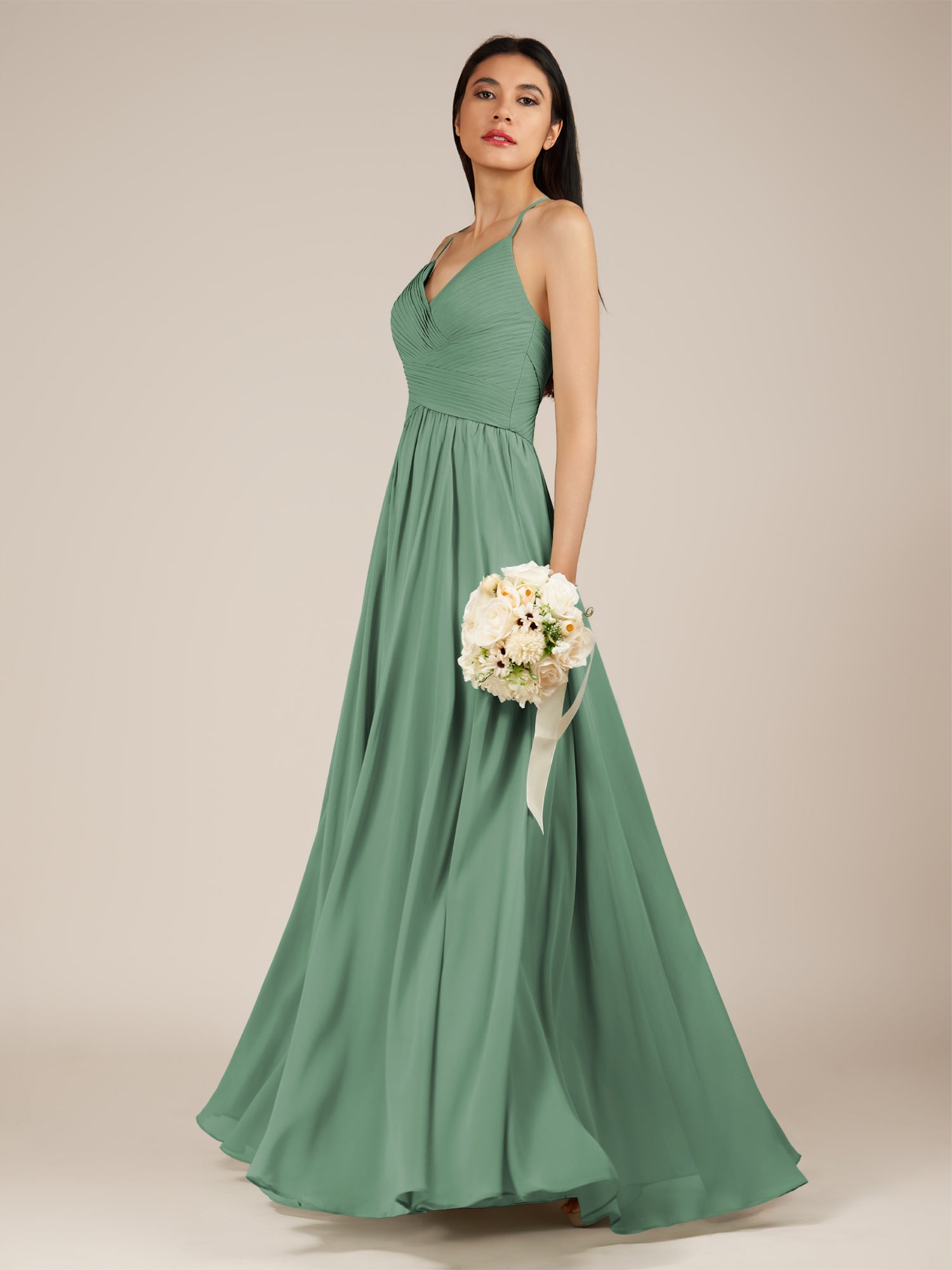 KissDress-Nolana Sea Glass A Line V Neck Chiffon Pleated Long Bridesmaid Dress
