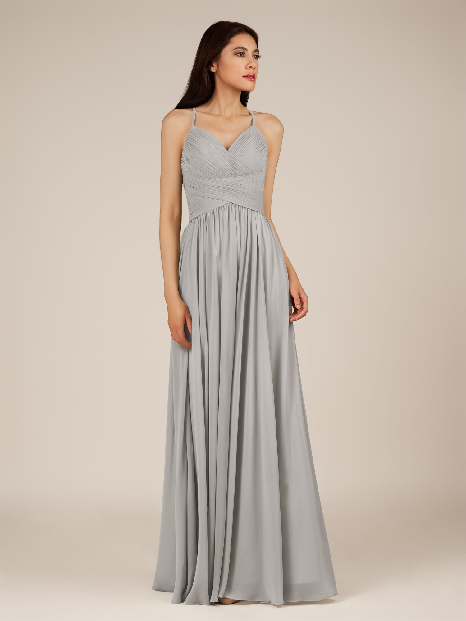 KissDress-Nolana Silver A Line V Neck Chiffon Pleated Long Bridesmaid Dress