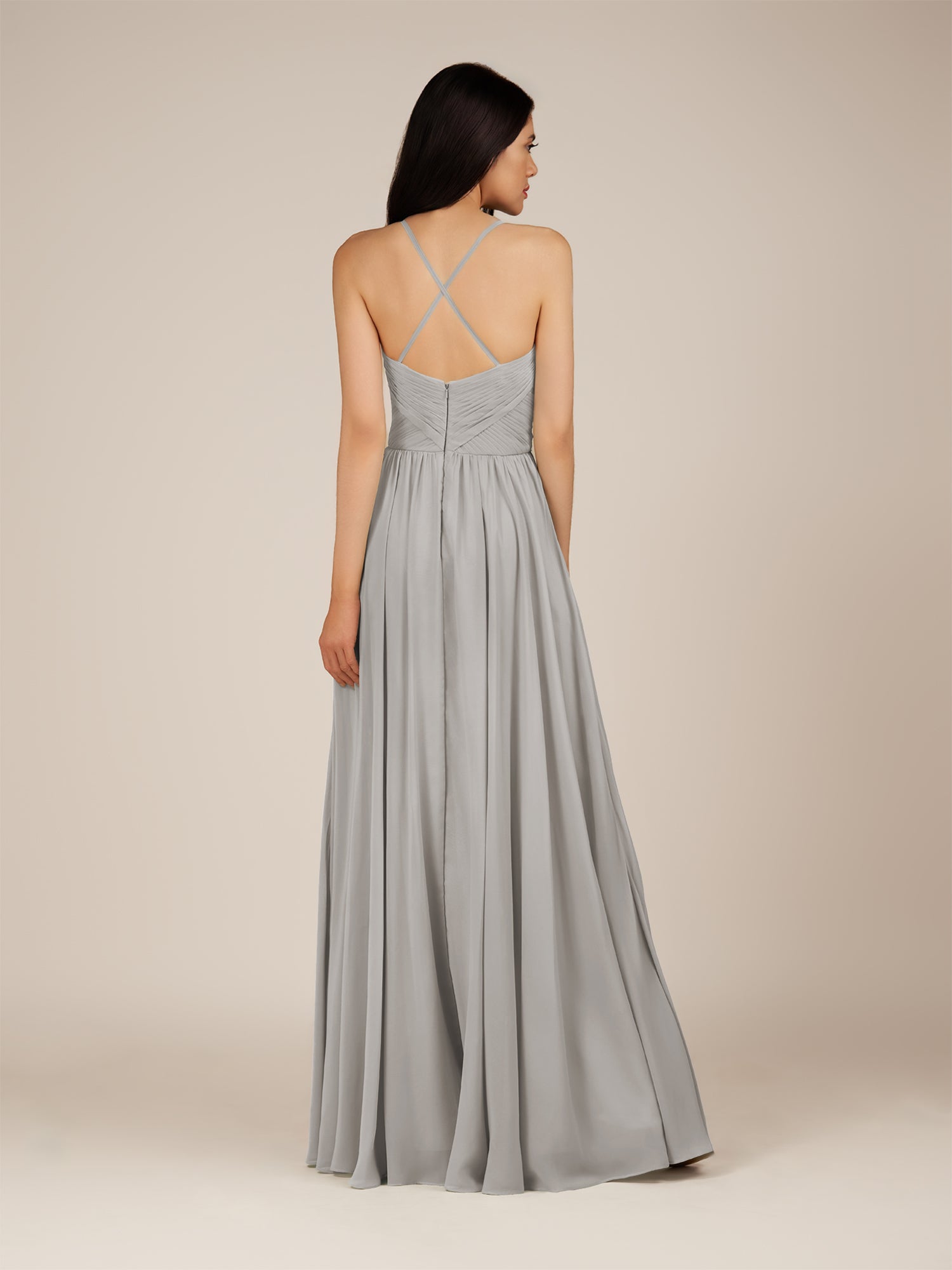 KissDress-Nolana Silver A Line V Neck Chiffon Pleated Long Bridesmaid Dress