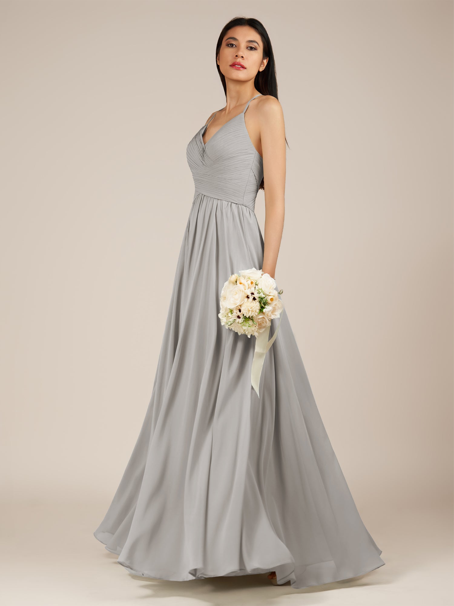 KissDress-Nolana Silver A Line V Neck Chiffon Pleated Long Bridesmaid Dress
