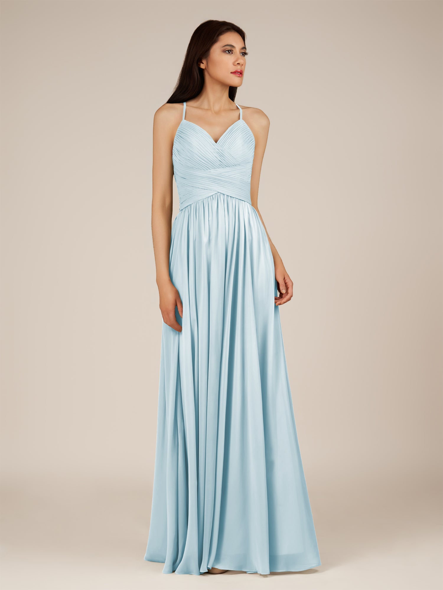 KissDress-Nolana Sky Blue A Line V Neck Chiffon Pleated Long Bridesmaid Dress