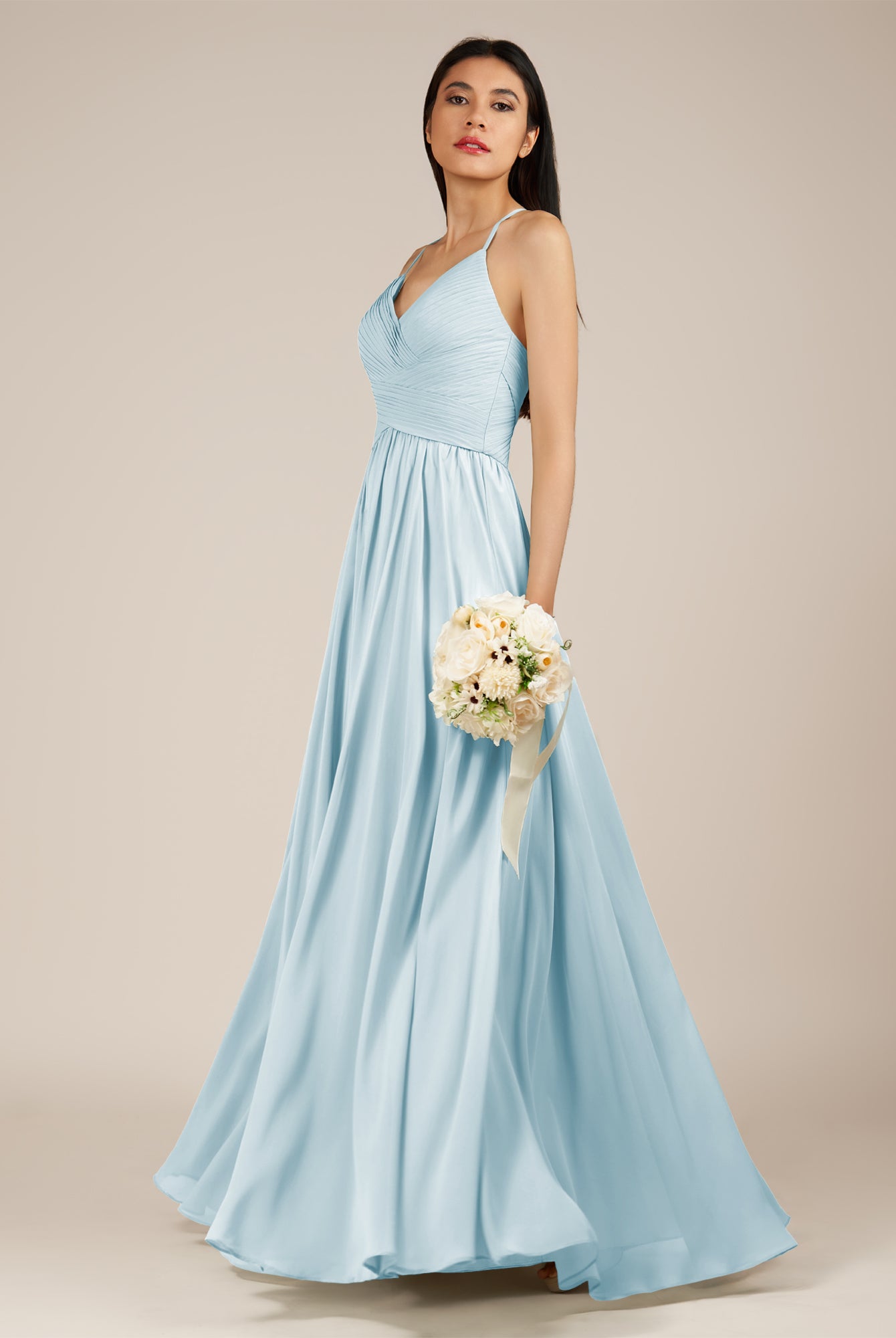 KissDress-Nolana Sky Blue A Line V Neck Chiffon Pleated Long Bridesmaid Dress