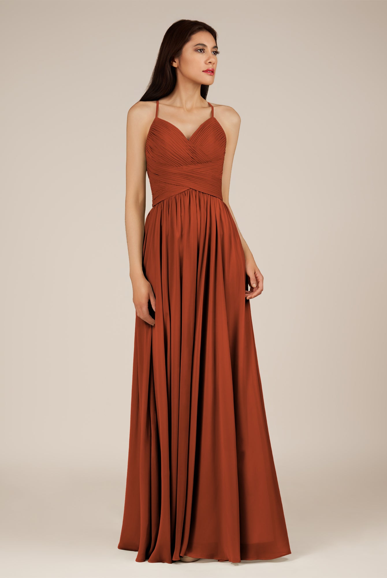 KissDress-Nolana Spice A Line V Neck Chiffon Pleated Long Bridesmaid Dress