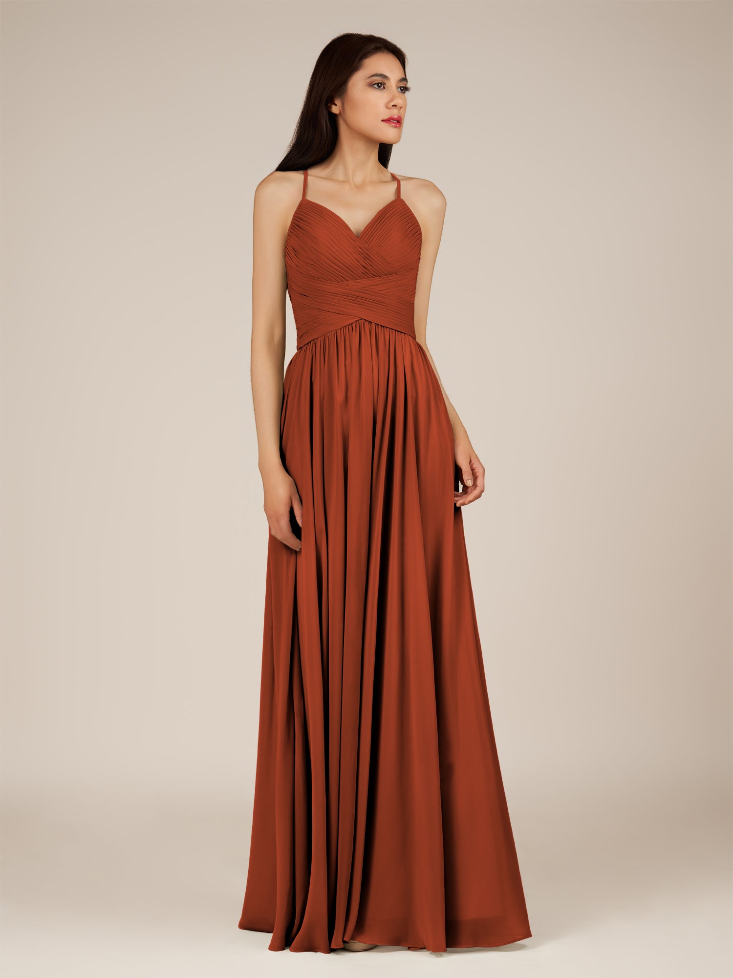 KissDress-Nolana Spice A Line V Neck Chiffon Pleated Long Bridesmaid Dress