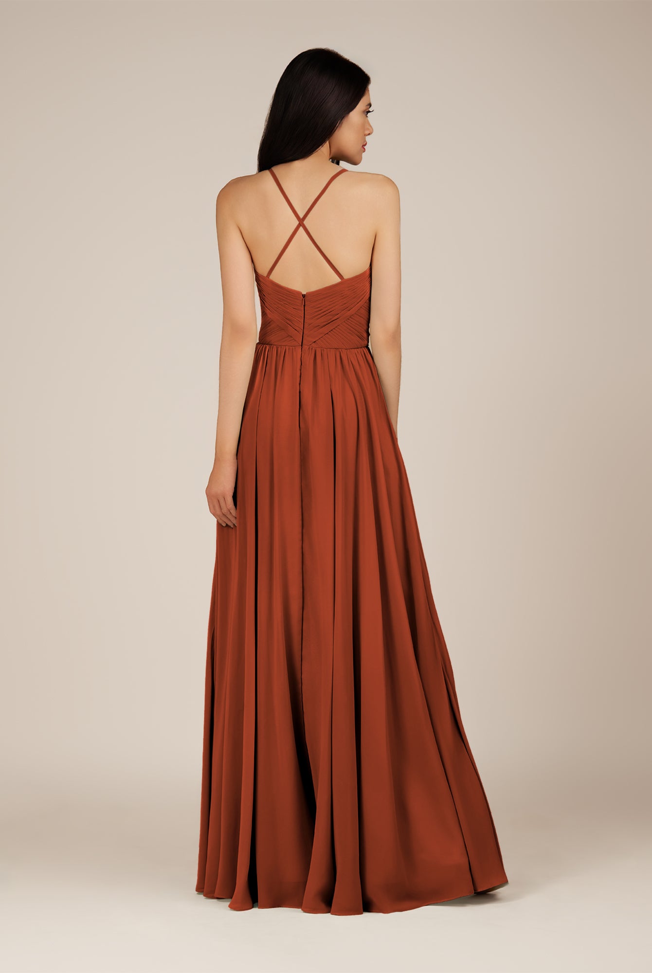 KissDress-Nolana Spice A Line V Neck Chiffon Pleated Long Bridesmaid Dress