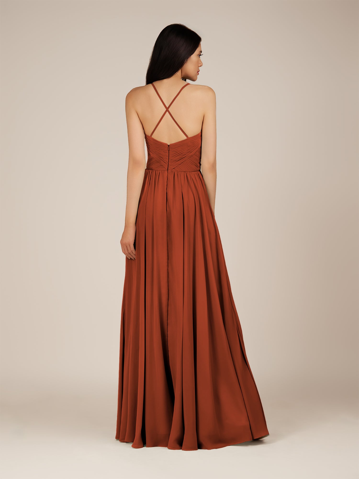 KissDress-Nolana Spice A Line V Neck Chiffon Pleated Long Bridesmaid Dress