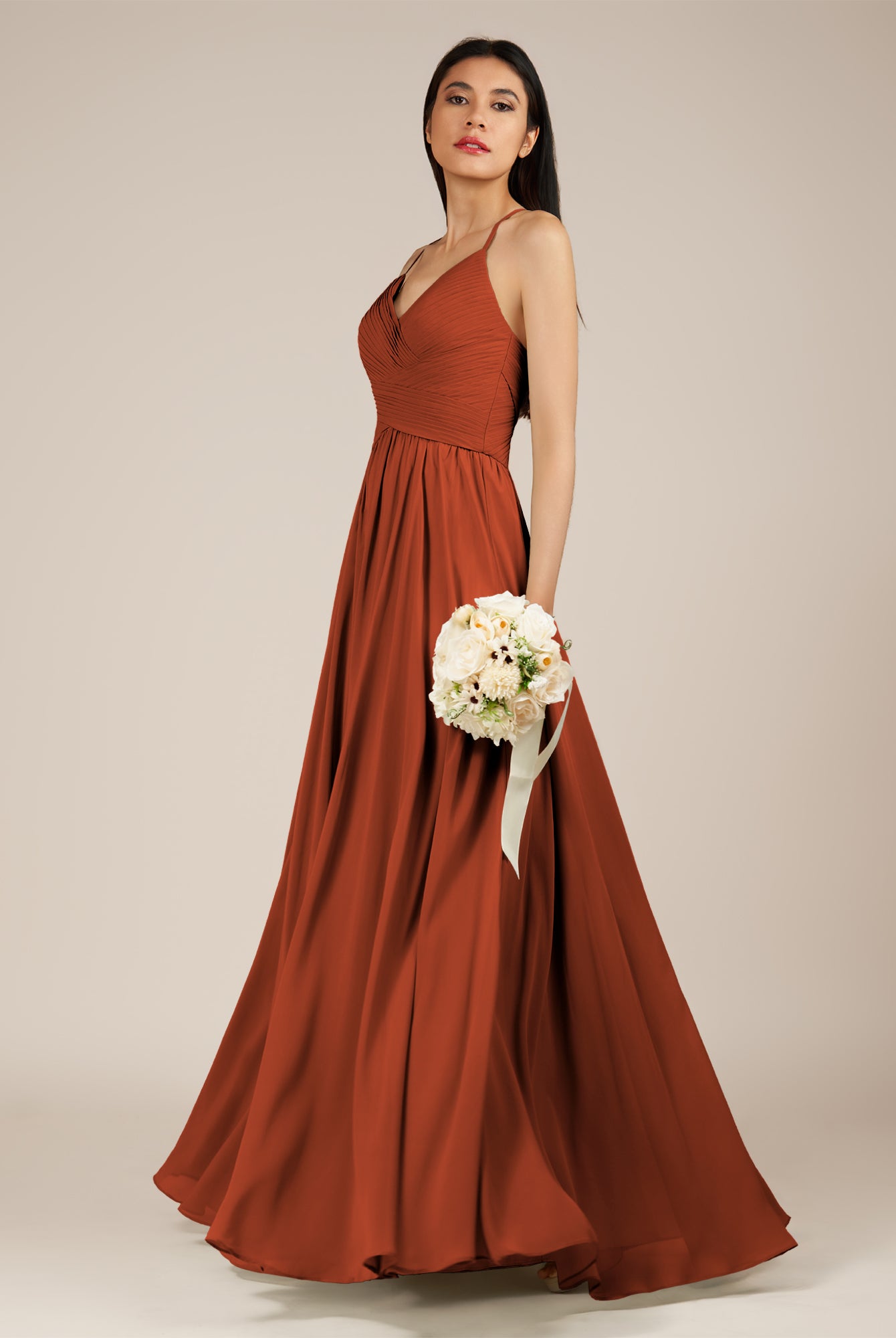 KissDress-Nolana Spice A Line V Neck Chiffon Pleated Long Bridesmaid Dress