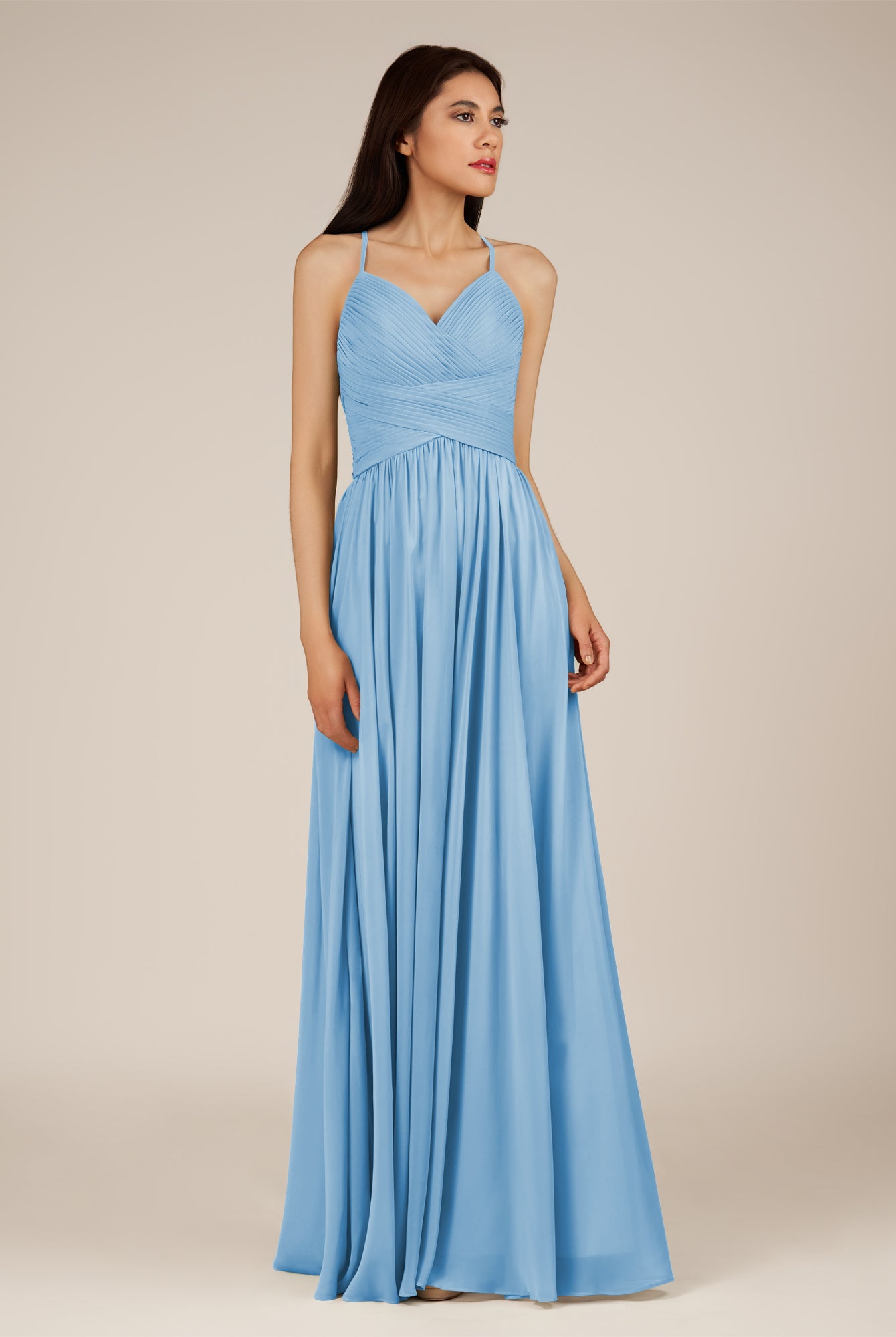 KissDress-Nolana Steel Blue A Line V Neck Chiffon Pleated Long Bridesmaid Dress