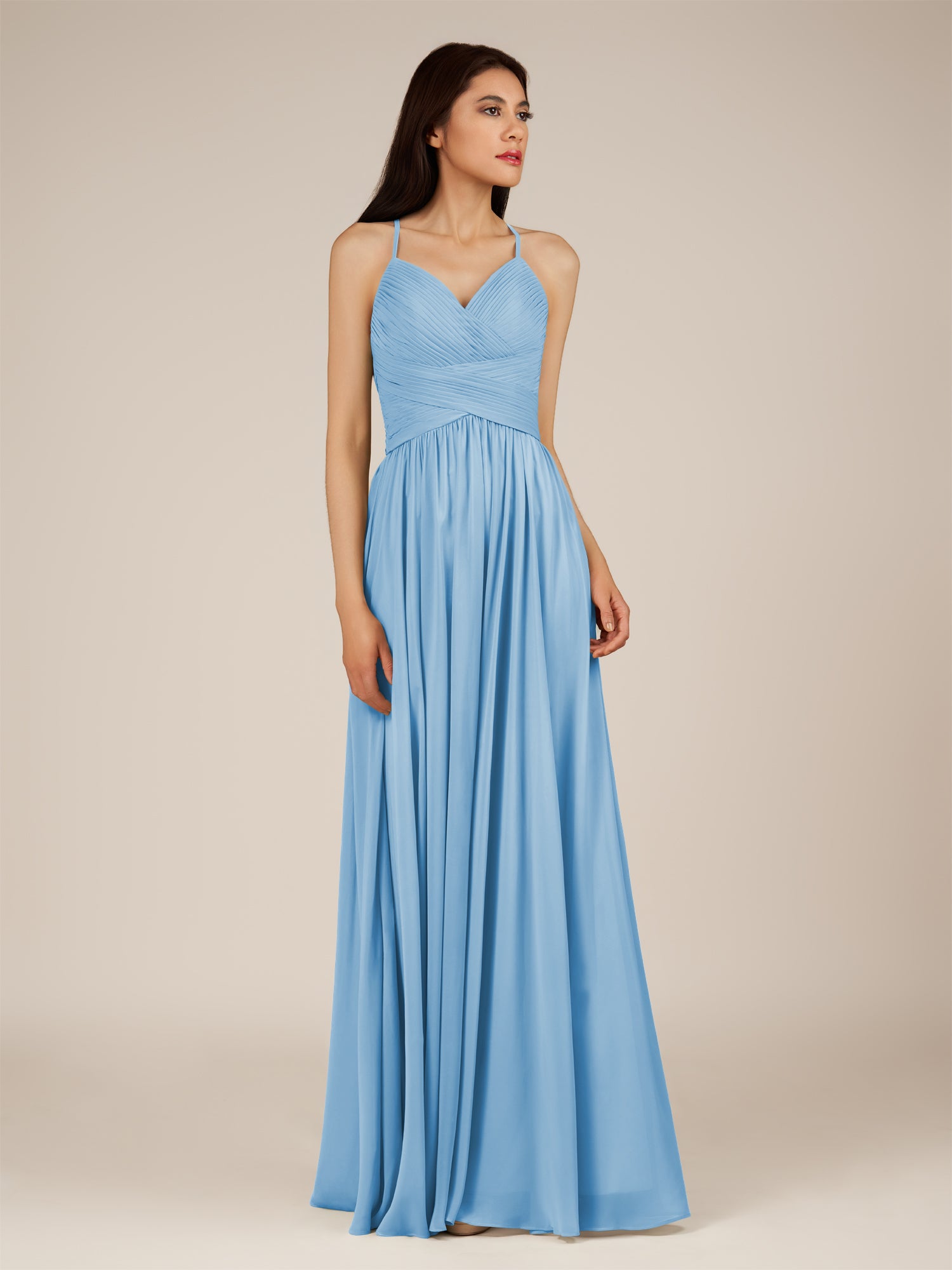 KissDress-Nolana Steel Blue A Line V Neck Chiffon Pleated Long Bridesmaid Dress