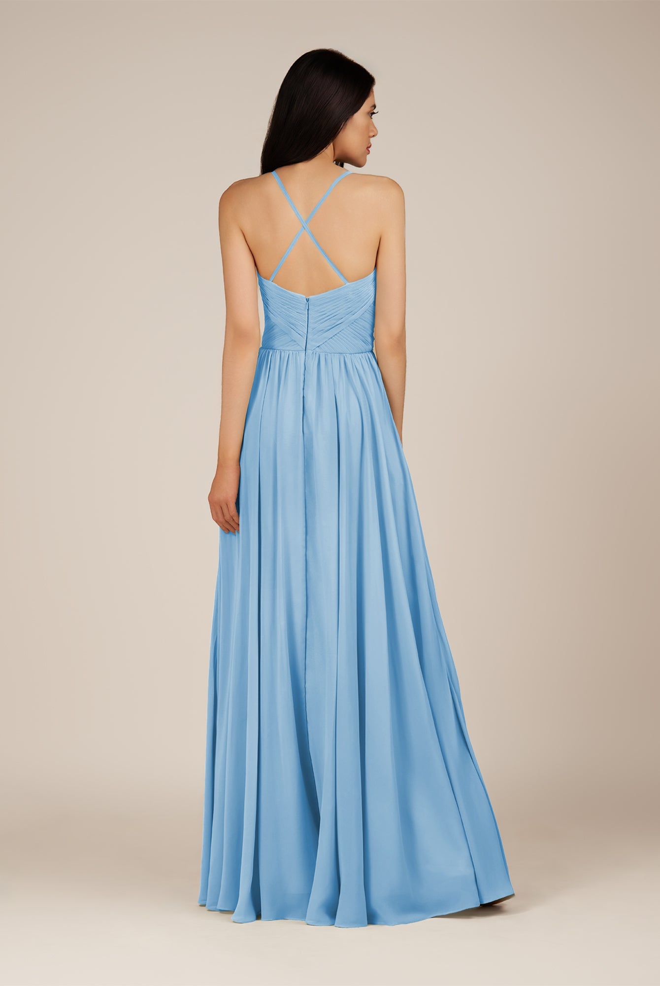 KissDress-Nolana Steel Blue A Line V Neck Chiffon Pleated Long Bridesmaid Dress